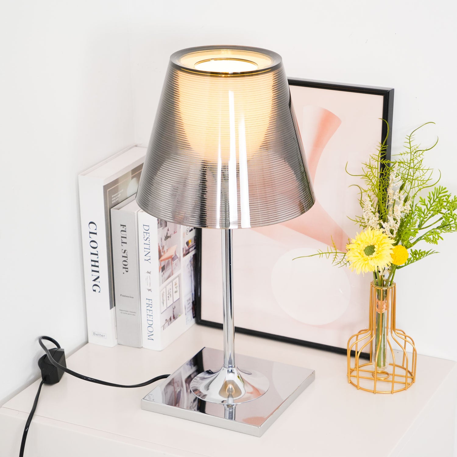 Angled view of Chrome Prism layered shade and square reflective base