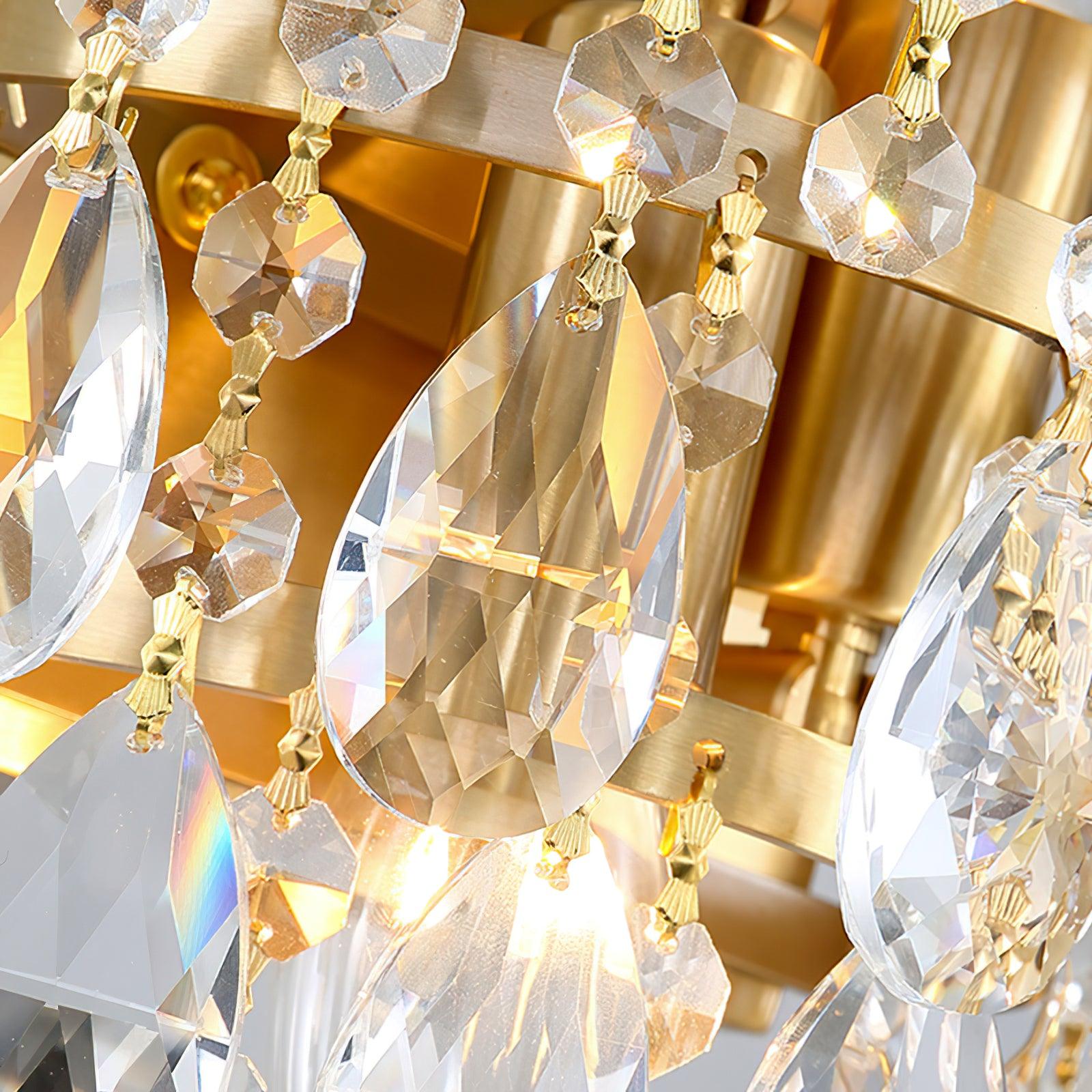 Faceted clear drops and metal links in close detail