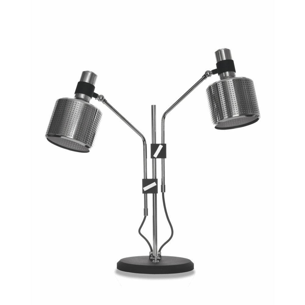 Silver-and-black double-head lamp with two perforated shades at different heights and black clamps on one round black base