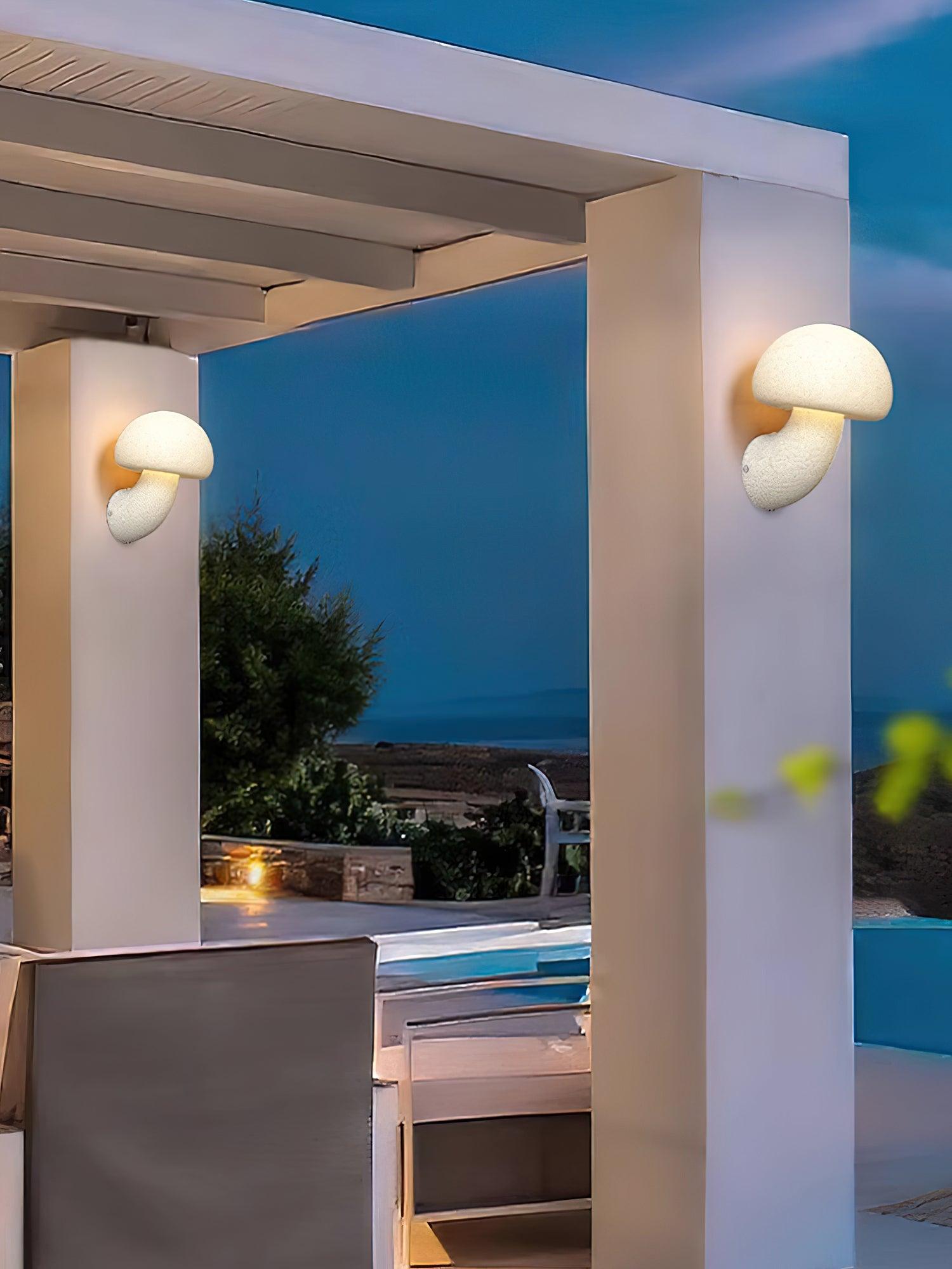 Mushroom lamps pictured beneath a covered terrace