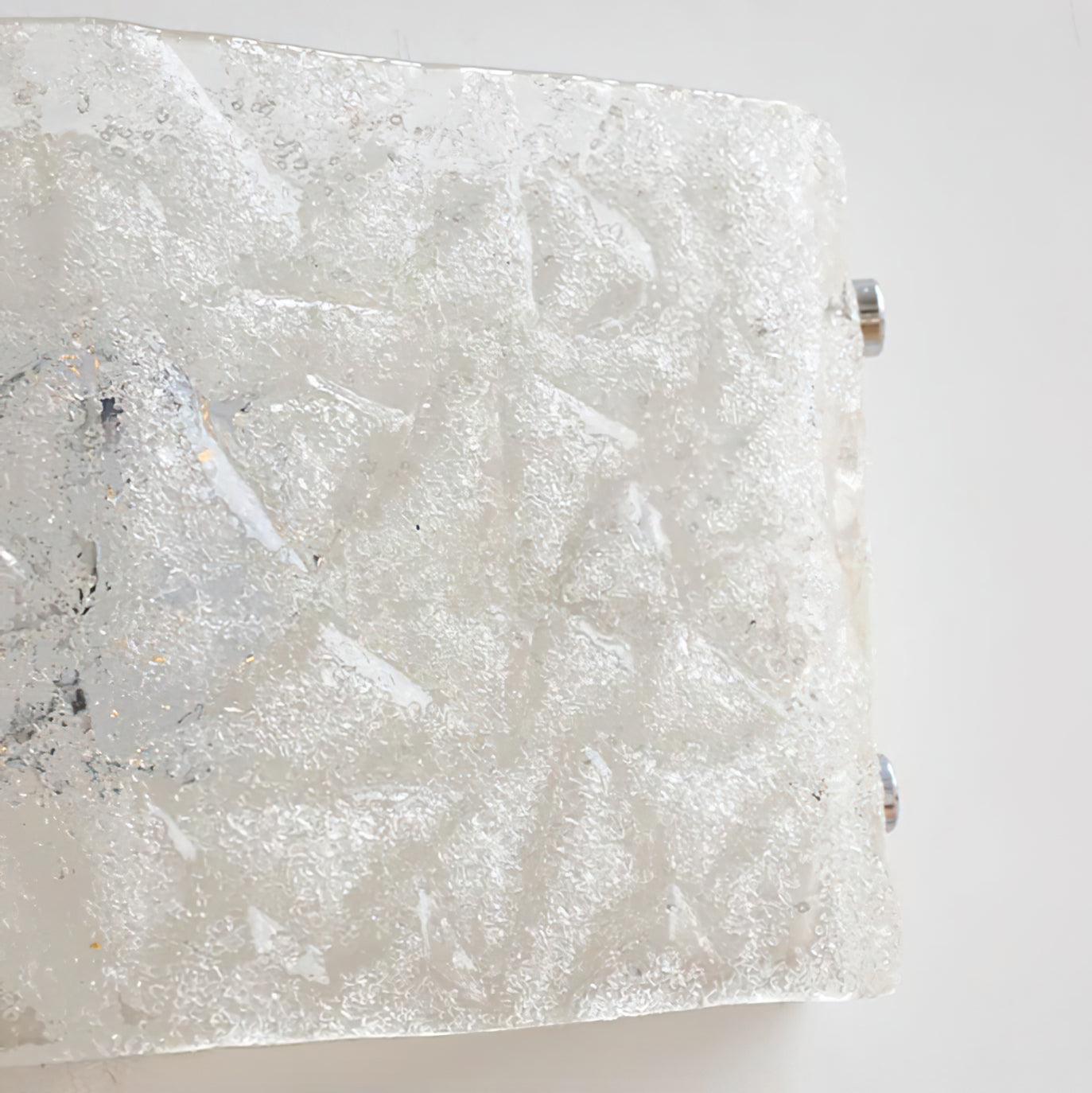 Macro view of the pebbled white glass texture, irregular clear bands and two chrome fasteners on the right edge