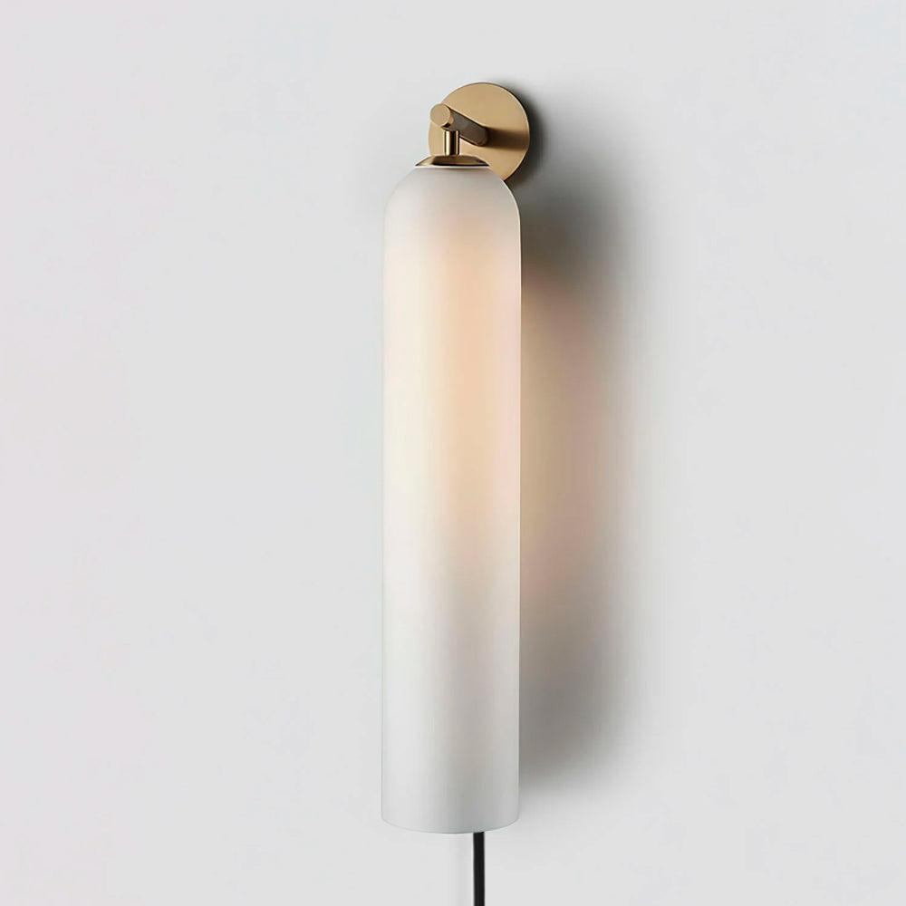 Frosted white glass wall light with gold arm and mounting plate