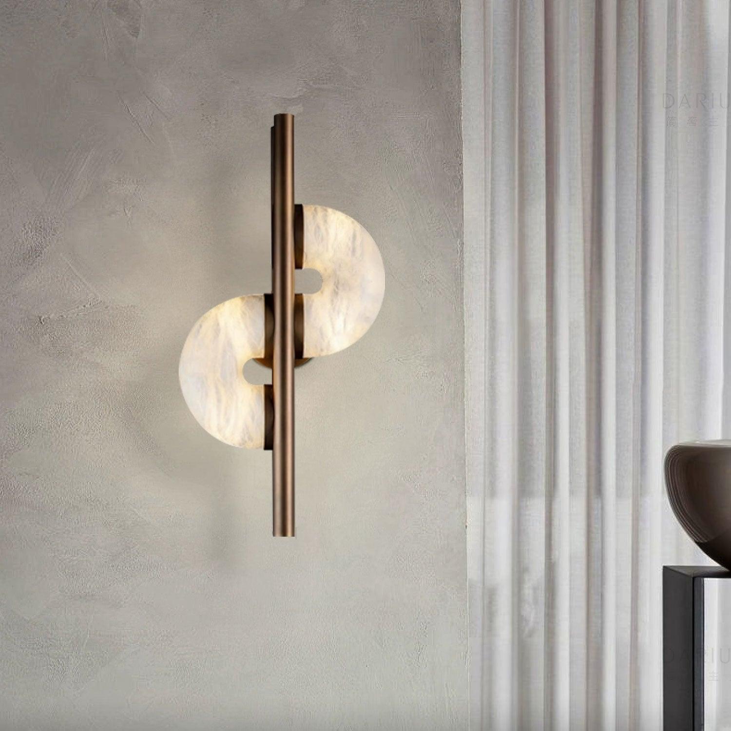 Lit Dolly on textured grey wall beside white curtain, with brown vase and black console frame at lower right