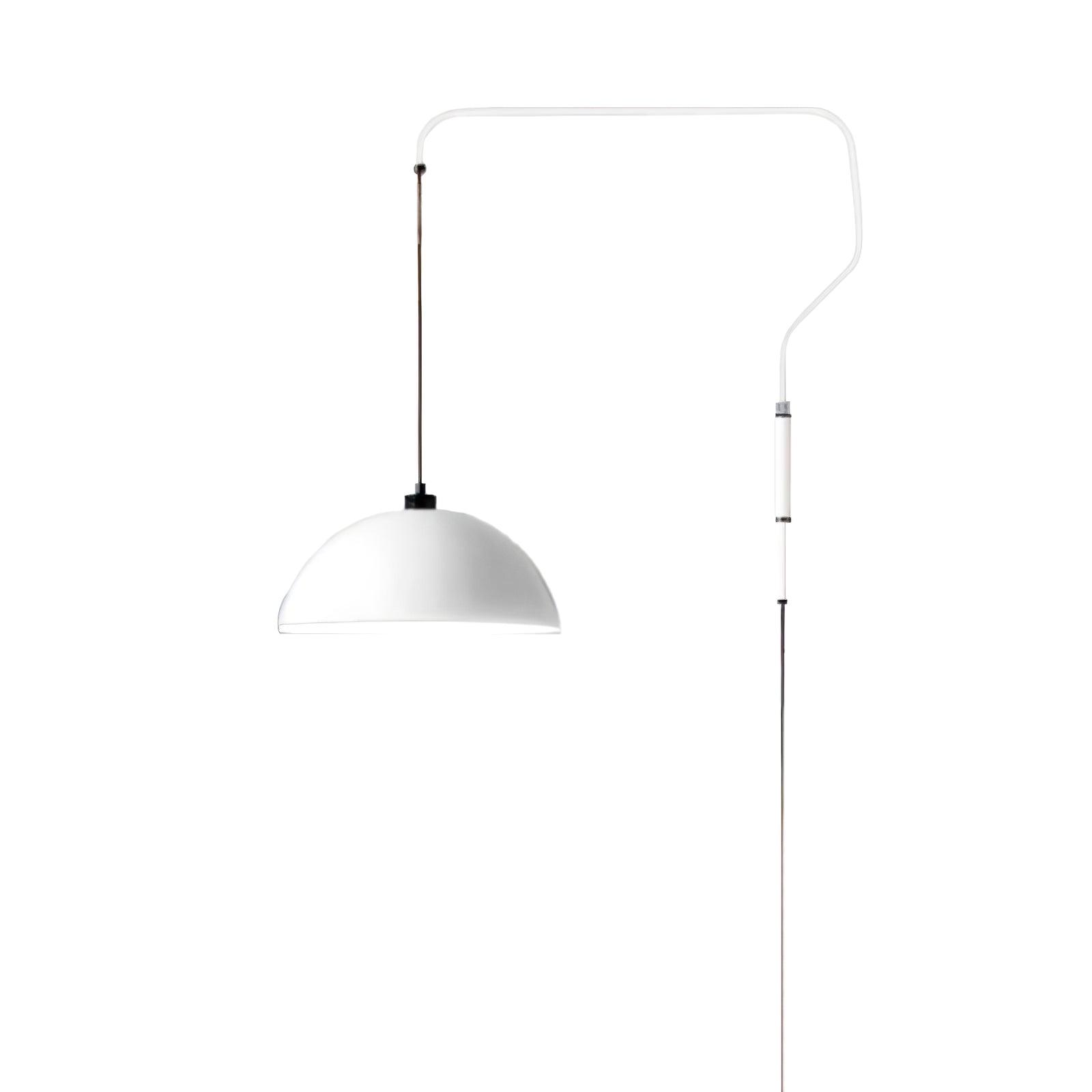 White Elio wall lamp with a long angular arm and suspended dome shade