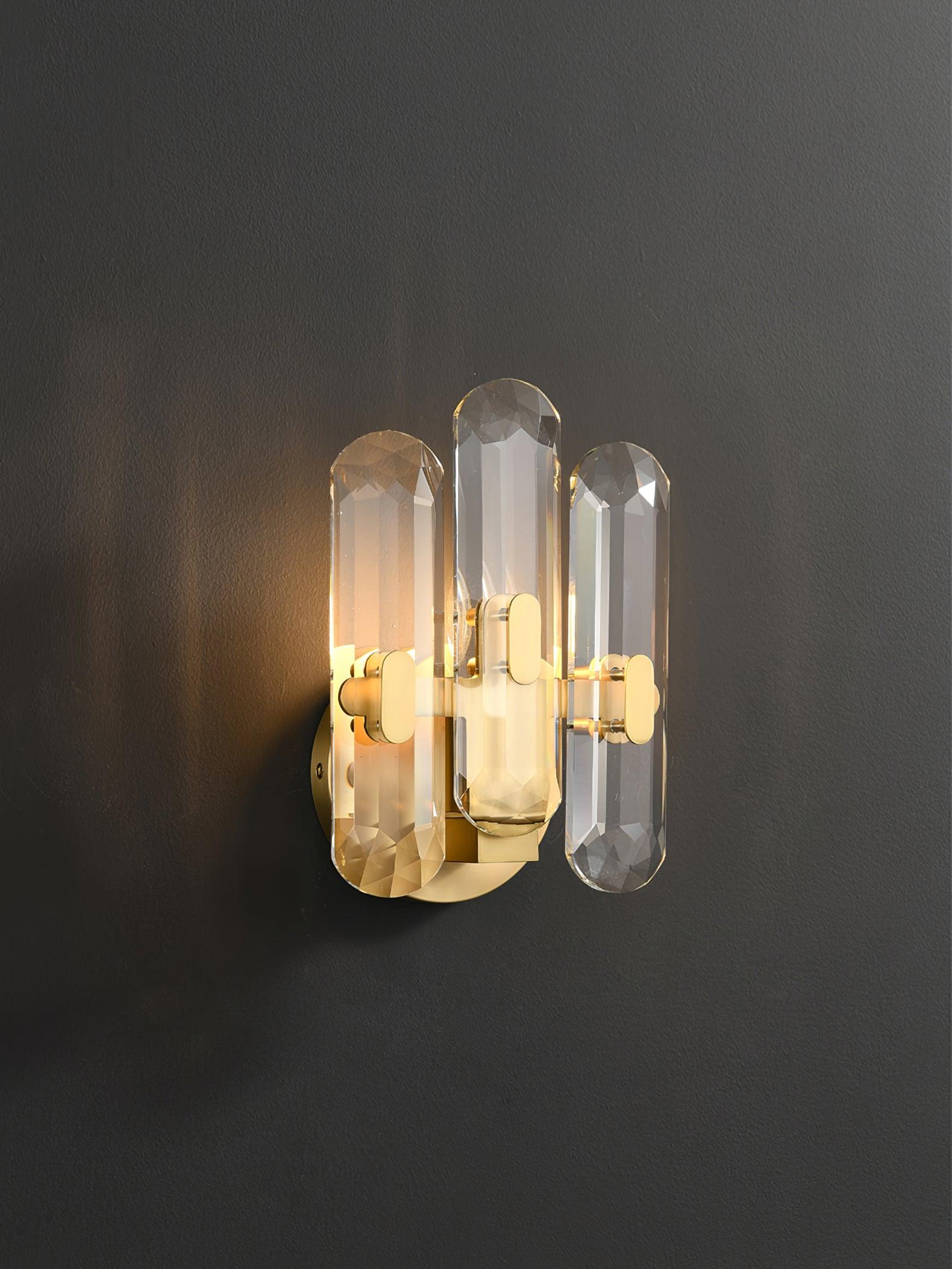 Front view of glowing faceted prisms