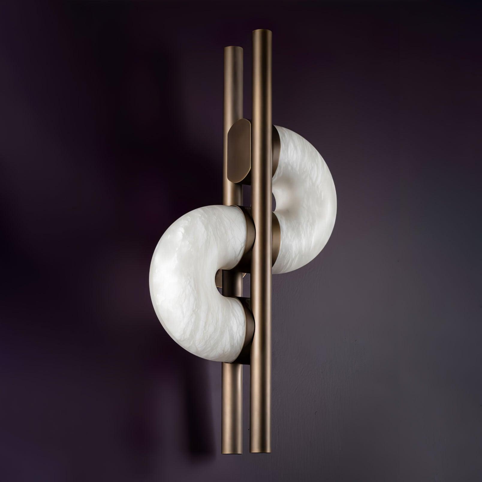 Angled unlit Dolly on purple wall with white veined discs, rounded edges, bronze front and rear tubes and attachment caps