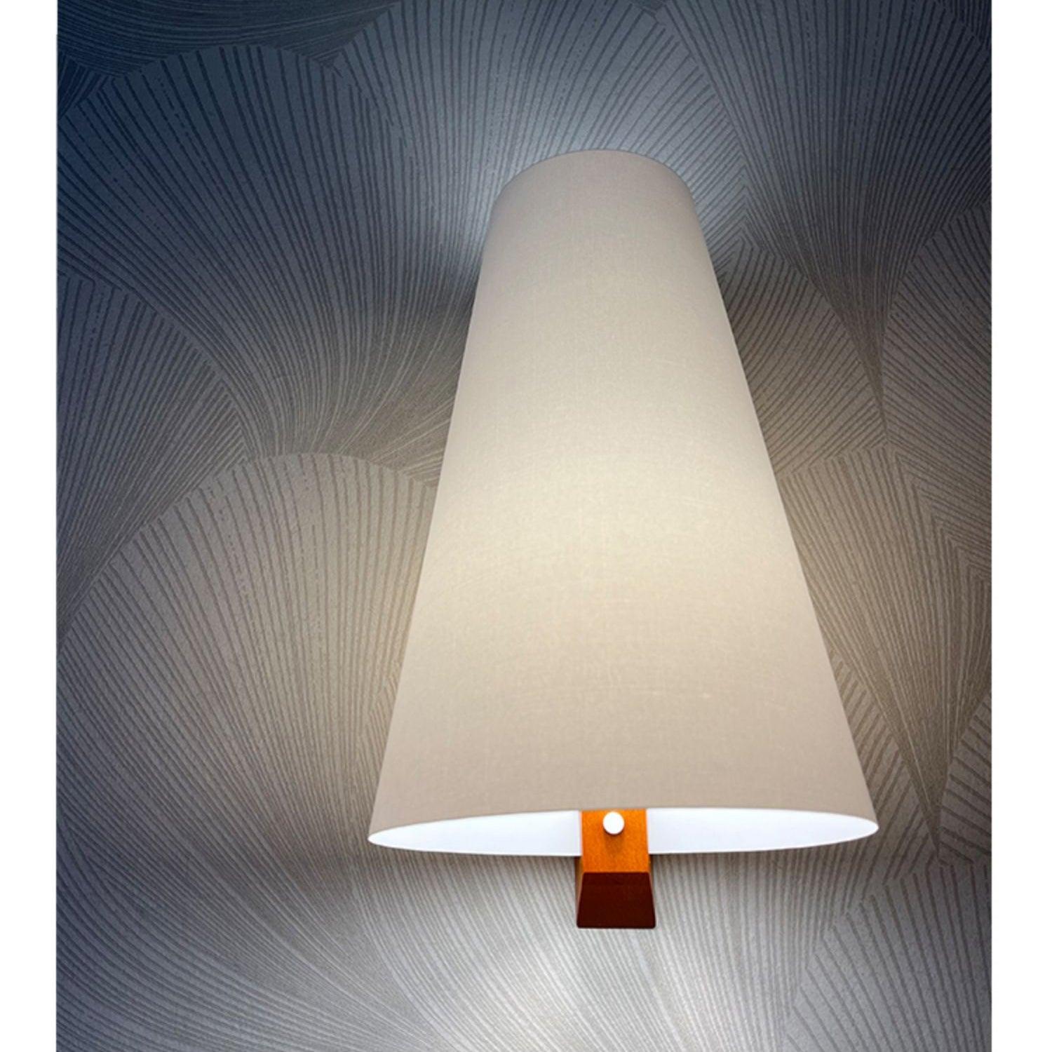 Illuminated Lupe shade against a patterned wall