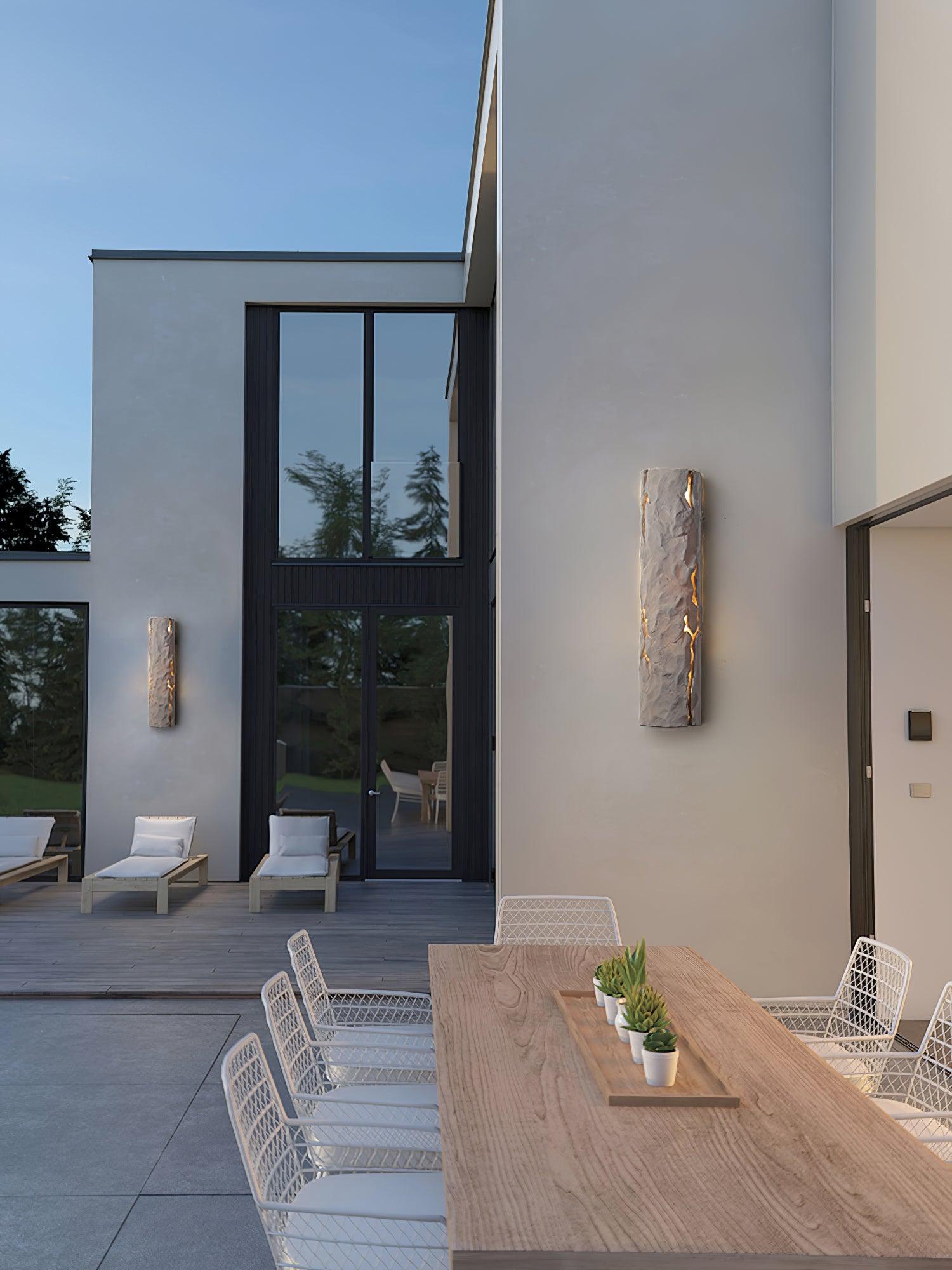 Two white Broken Bark lights photographed on exterior patio walls; indoor IP20 specification