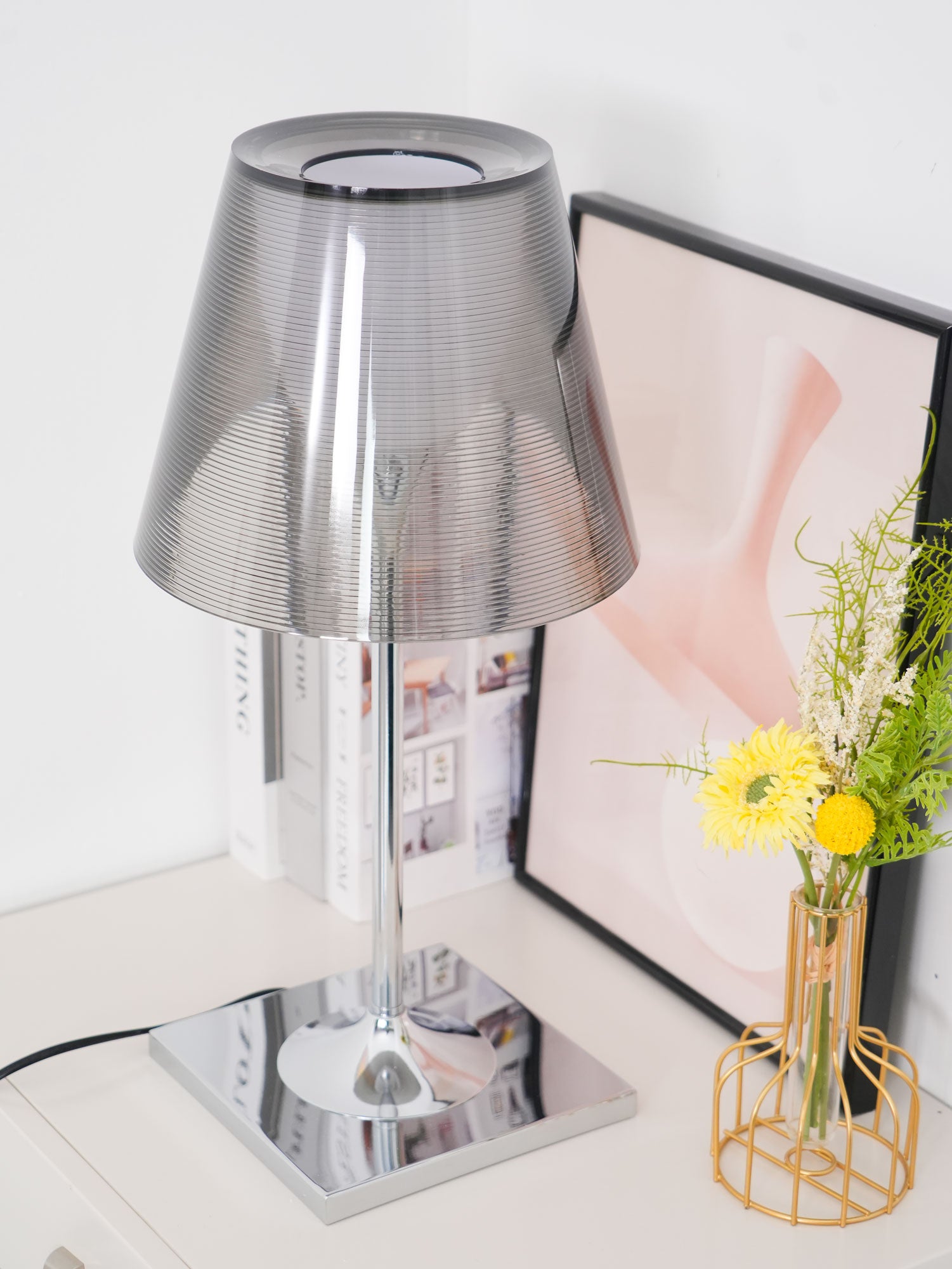 Upper angled view of Chrome Prism outer shade and square base