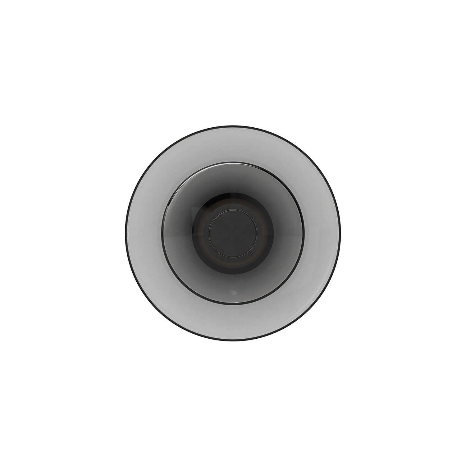 Front view of smoked glass discs and black circular centre cap isolated on white