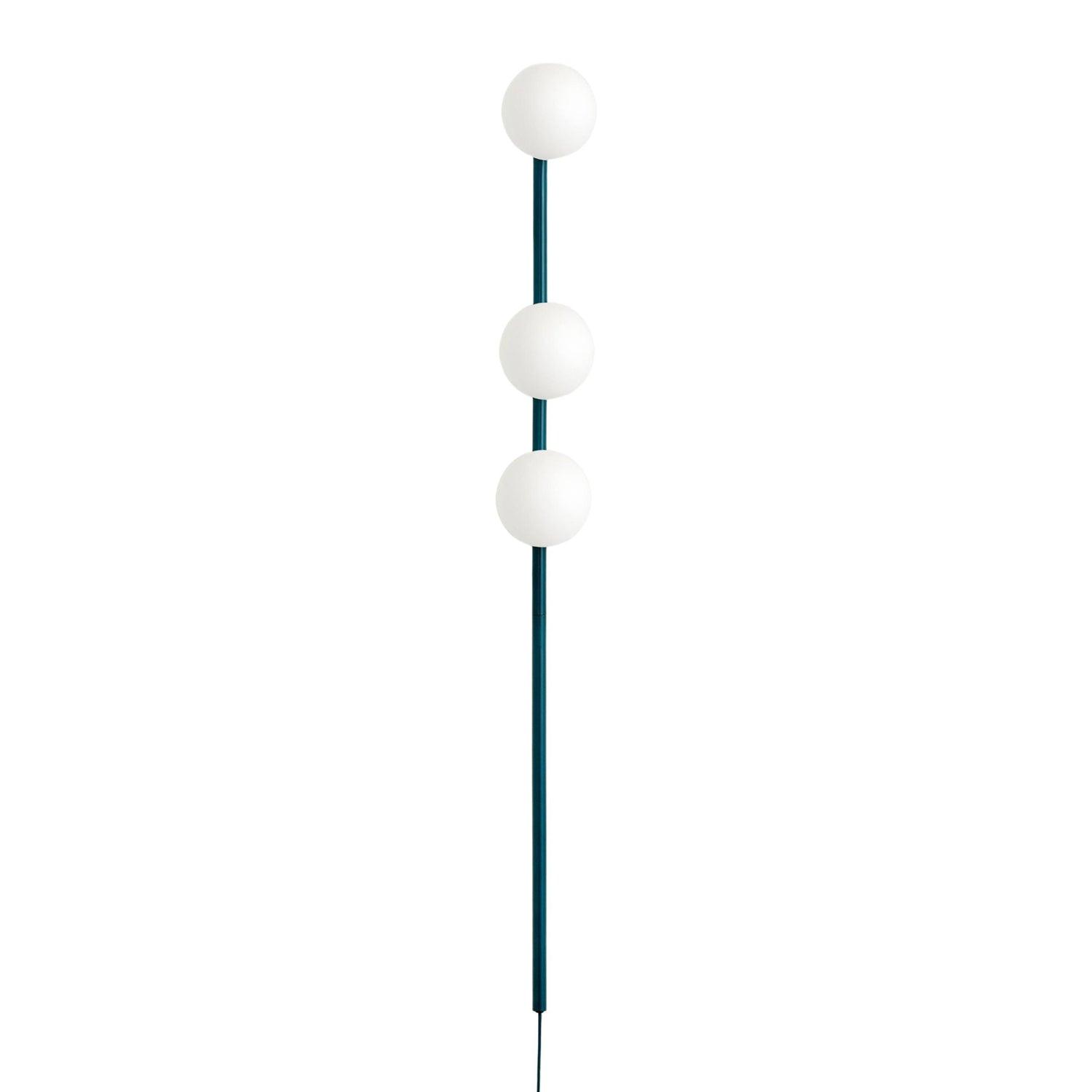 Teal three-globe wall light isolated on white, three unlit white spheres along narrow stem and black lower lead