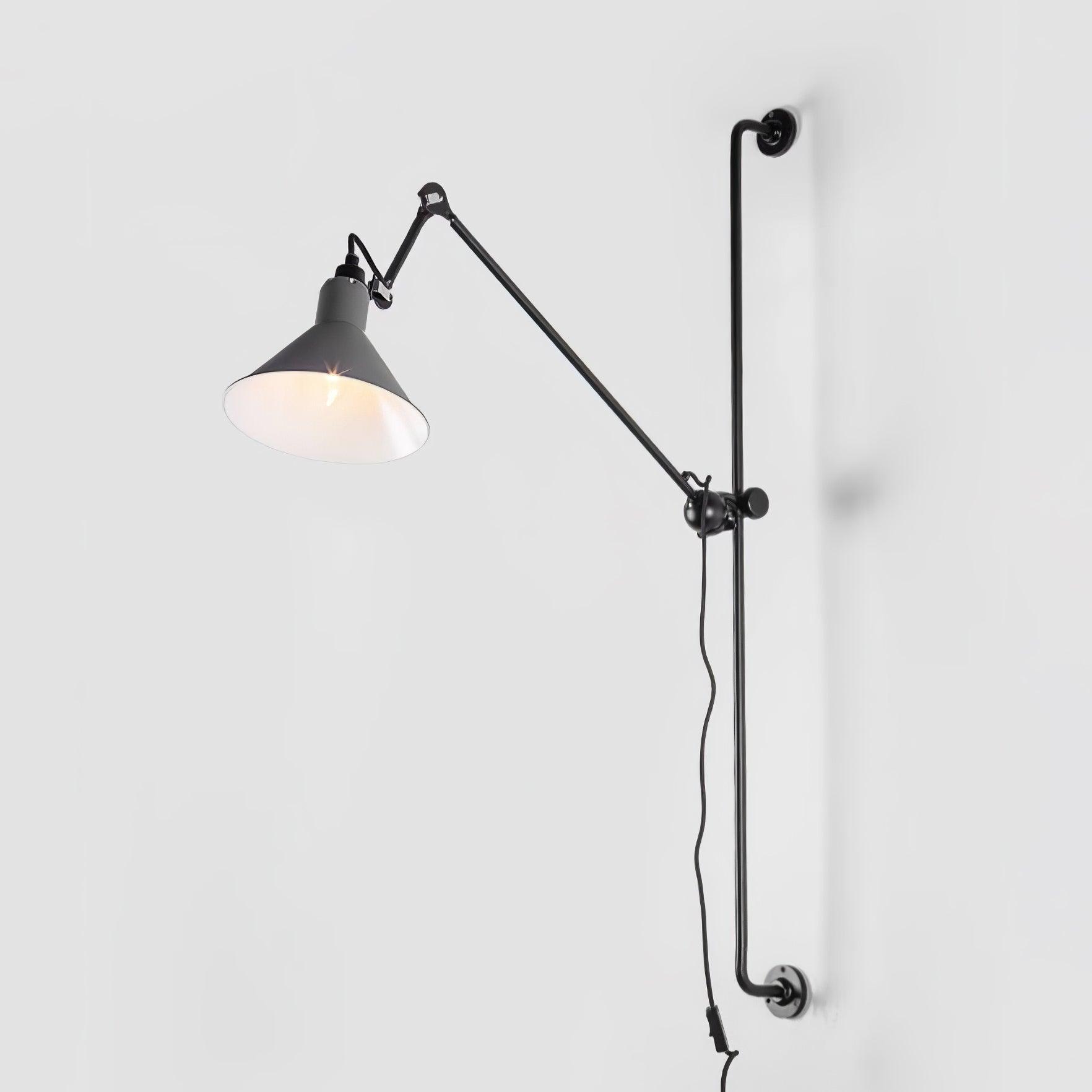 Grey conical shade on a black jointed wall arm and vertical rail