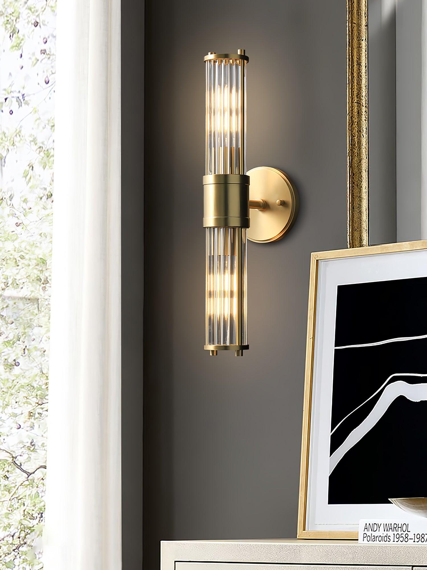 Allen wall sconce with clear glass rods and metal fittings