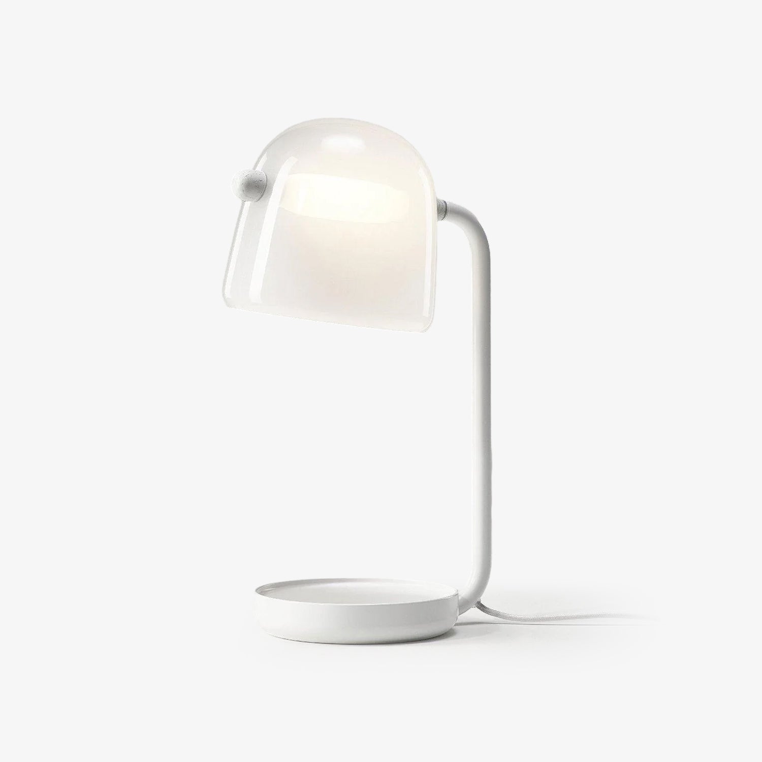 White Mona lamp with curved side arm and shallow round base
