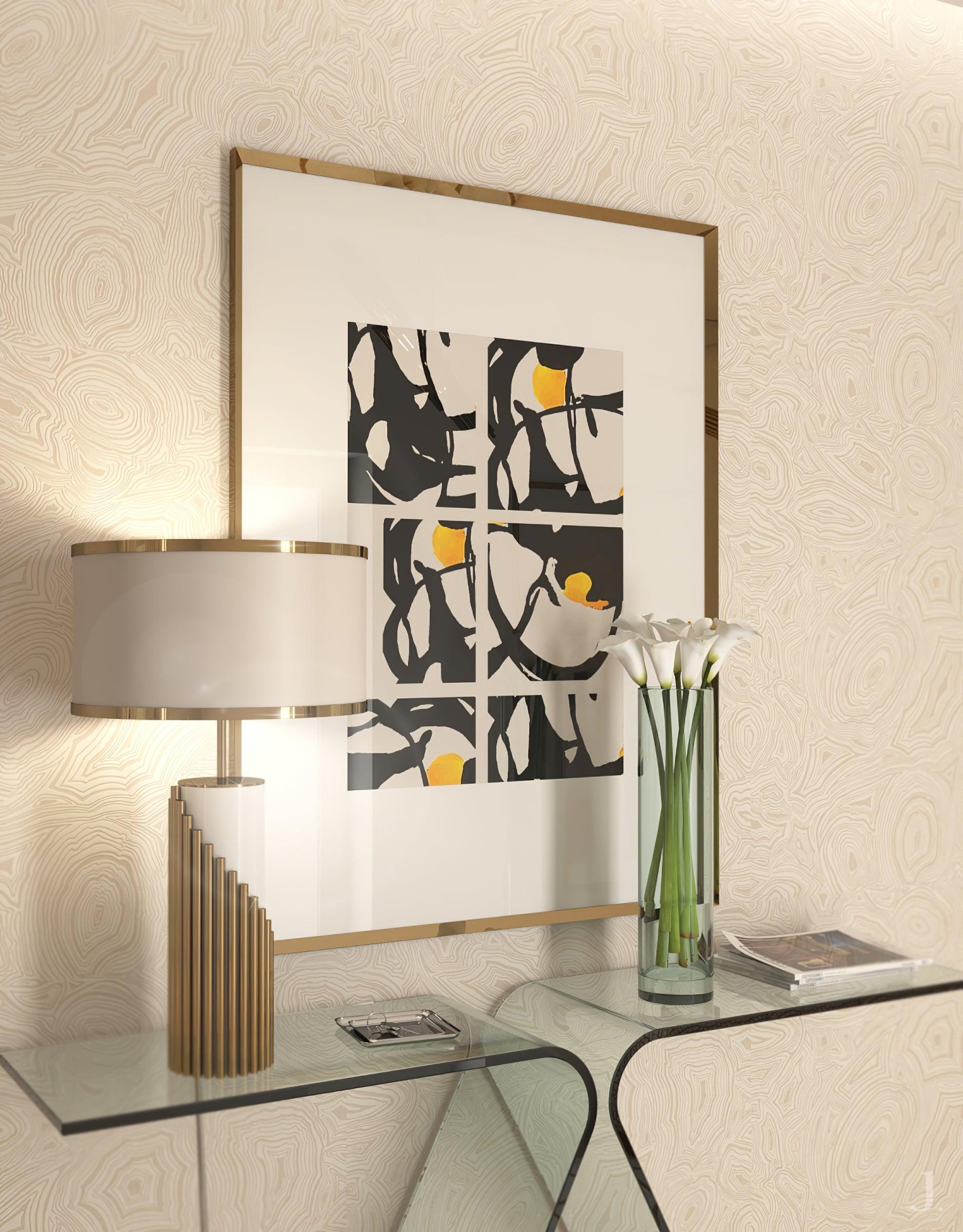 Streamline lamp on a console with abstract artwork and flowers