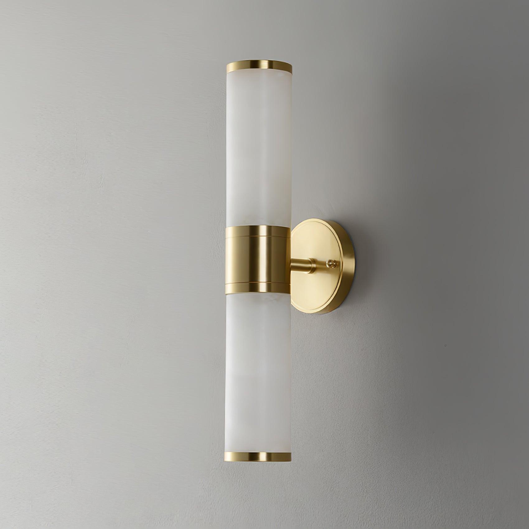 Unlit tall White stone lamp with central metal collar