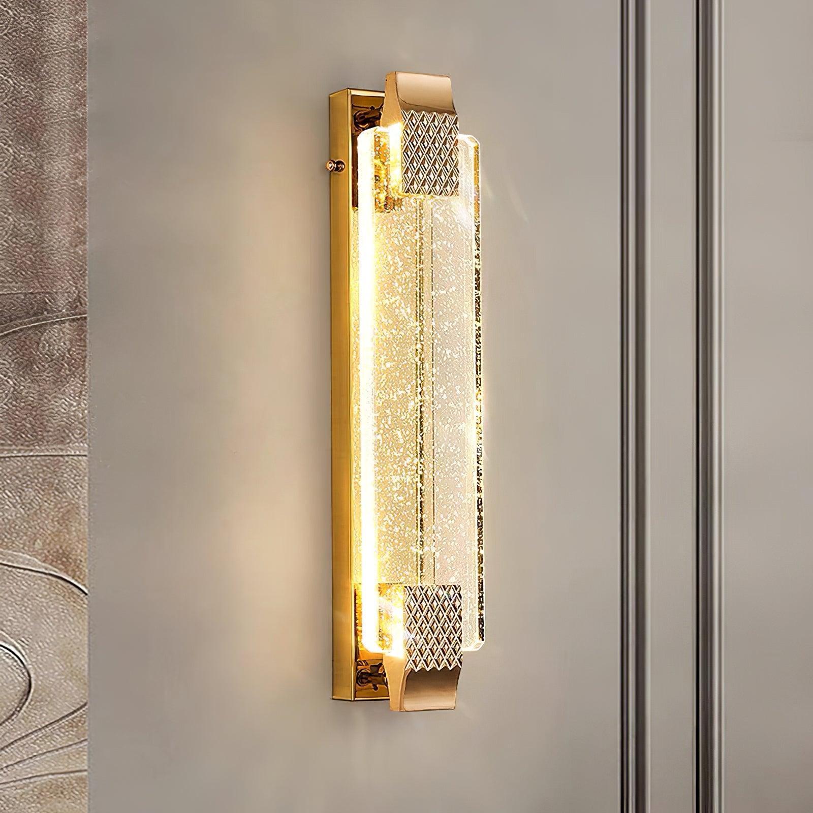 Angled close-up of Moet glowing beside textured wallpaper and gray molding, with diamond-patterned end straps