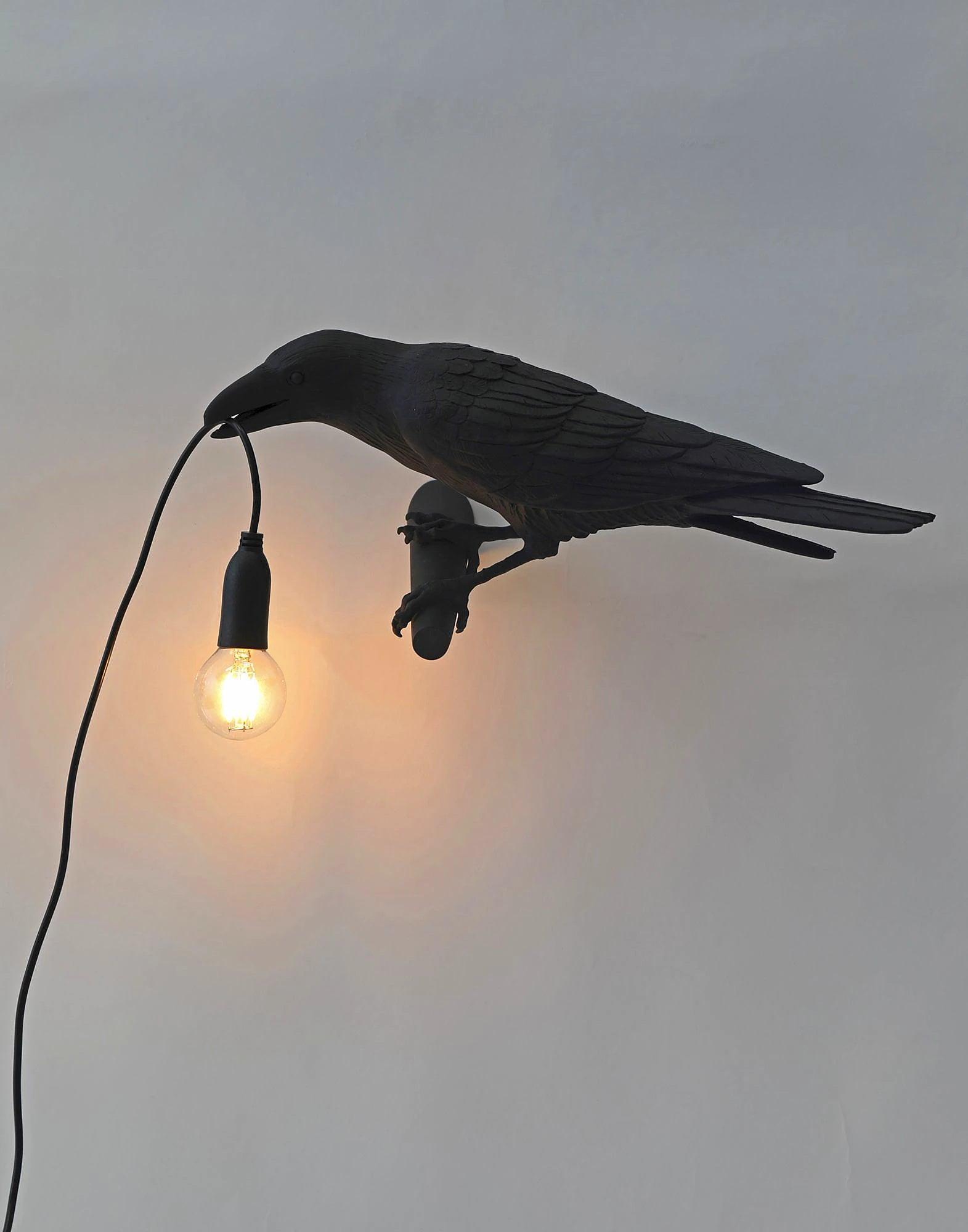 Black bird lamp casting light on a wall