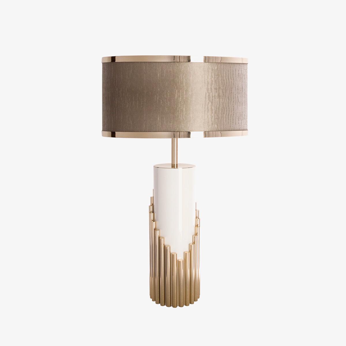 Front view of Streamline stepped Gold tubes and fabric drum shade