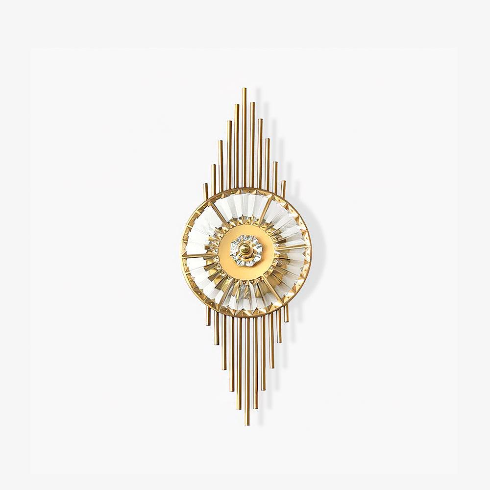Small unlit front view of the gold wall lamp and clear radial glass circle on a white background