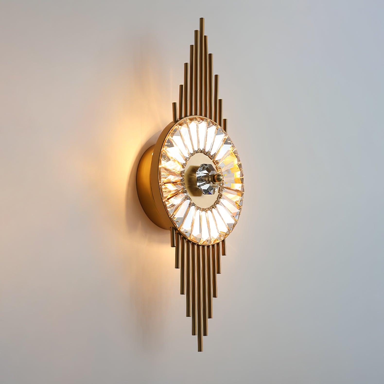 Side view of the illuminated faceted glass ring and rounded gold wall housing