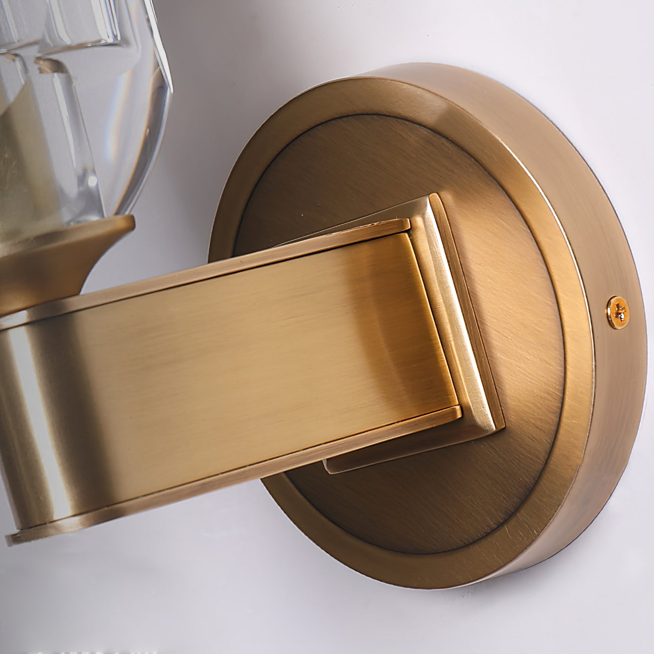 Close-up of brushed brass-coloured arm and plate fastener