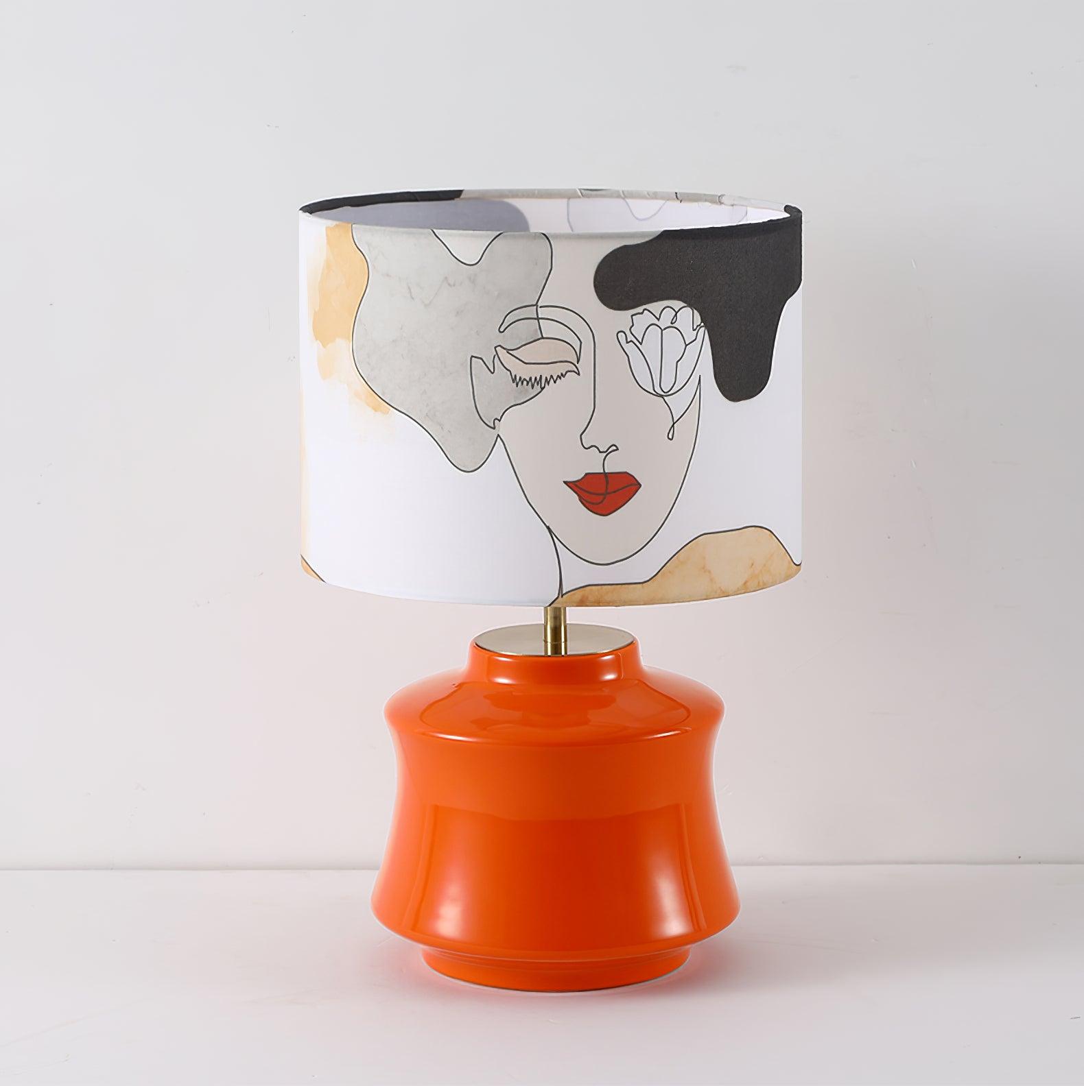 Unlit Marilyn Orange lamp with pale printed drum shade