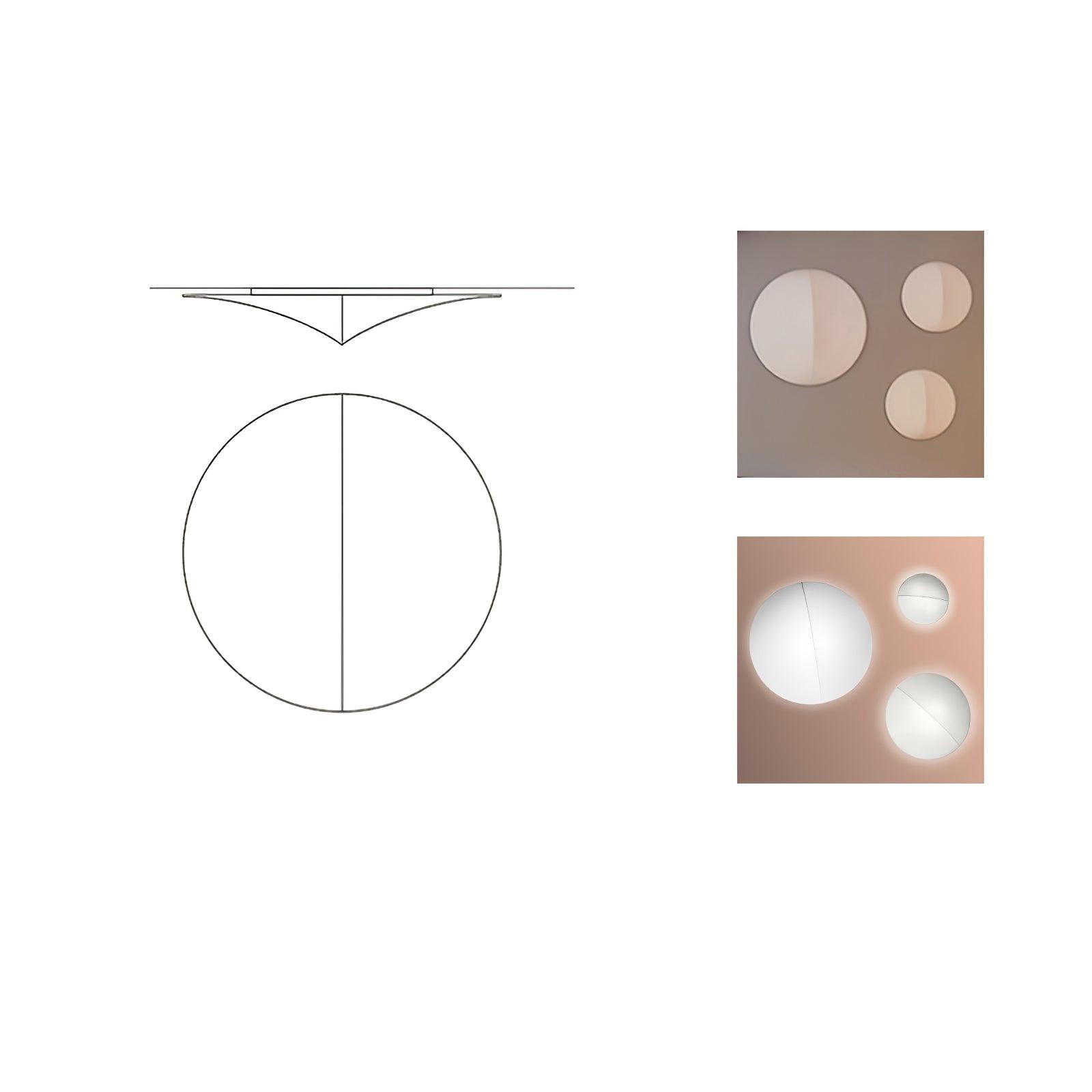 Circle design sheet with front and bowed side outlines, plus photographs of three round fixtures lit and unlit