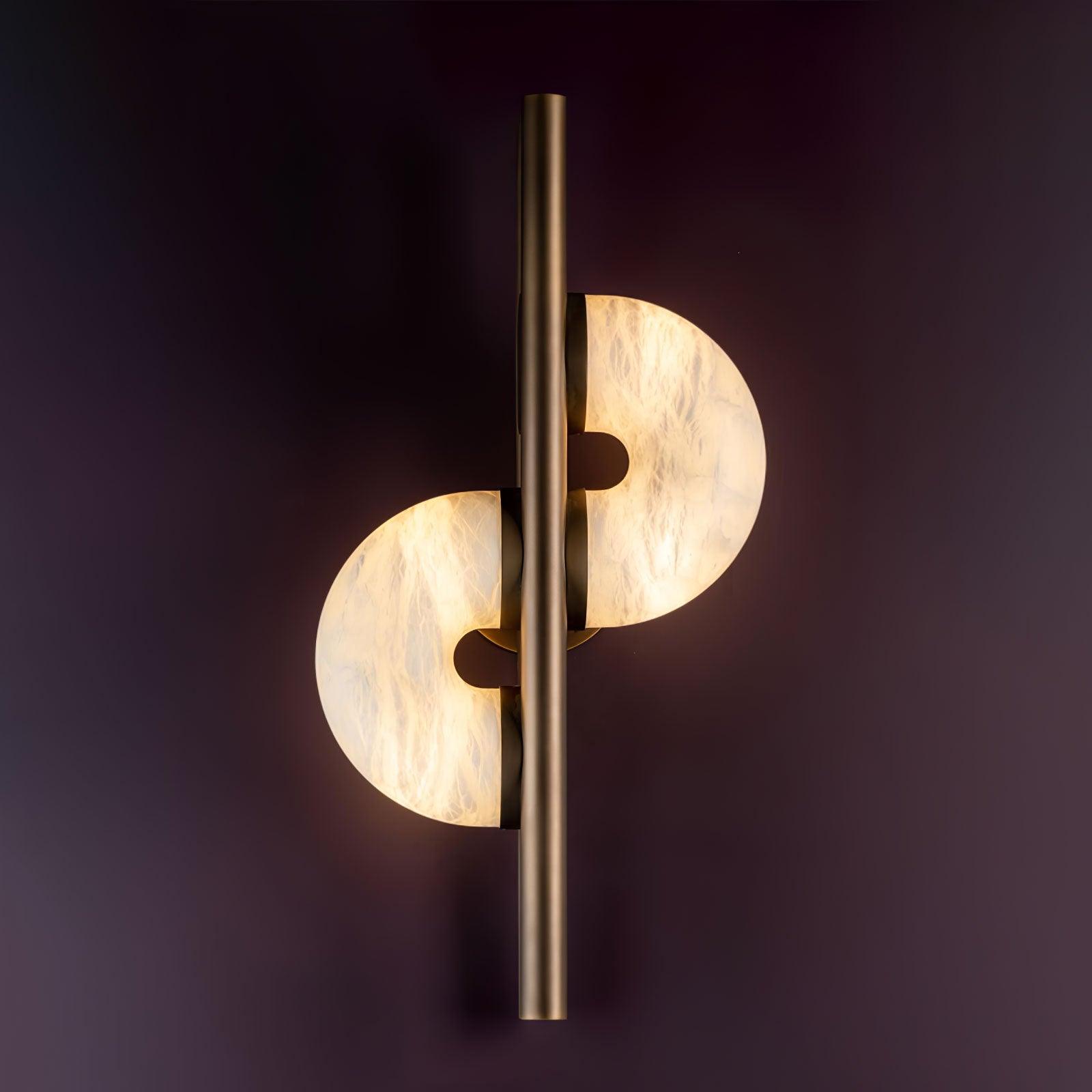 Lit Dolly close view on purple wall, with upper-right and lower-left glowing veined discs and long bronze front bar