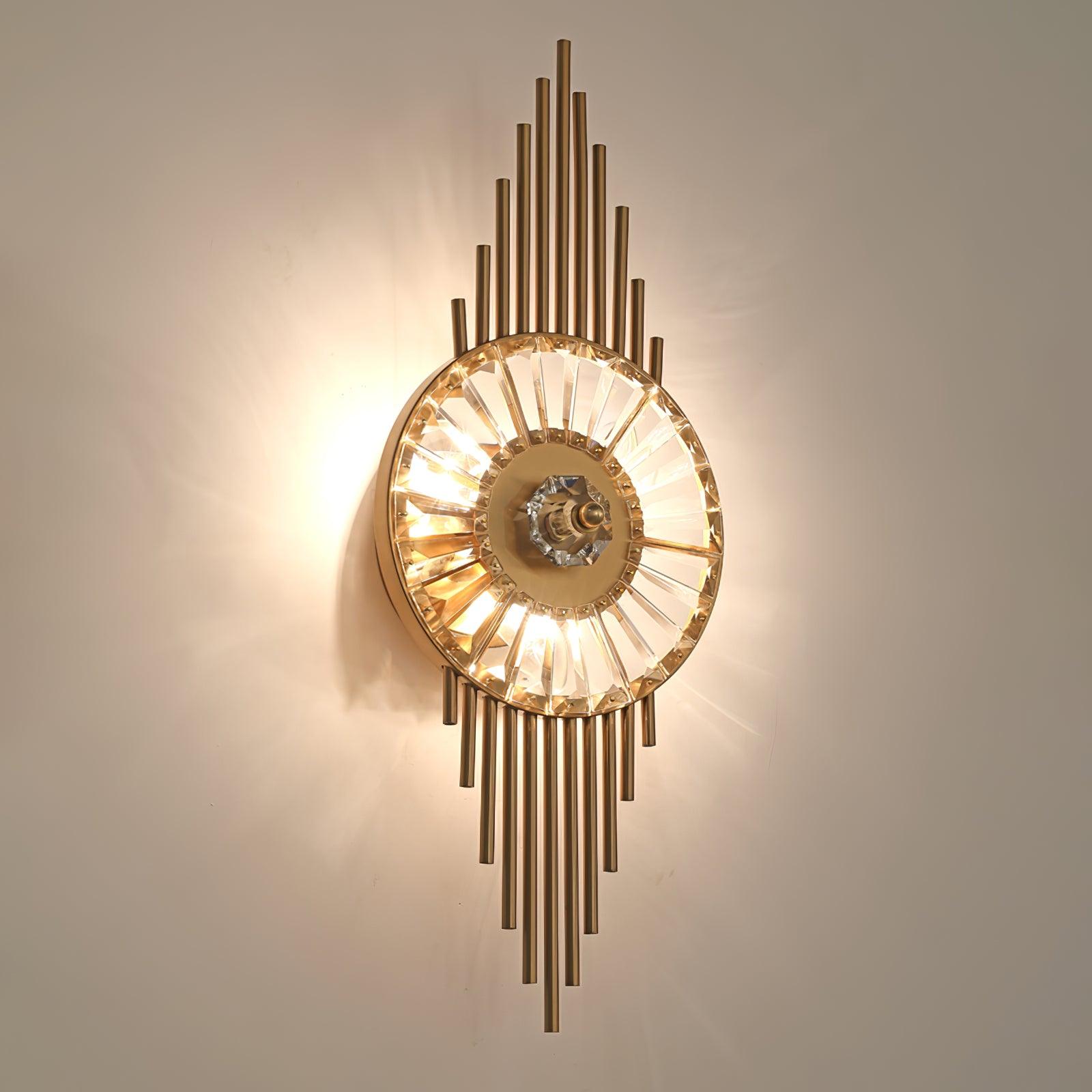Angled close view of Crystal Gear with a gold center and light shining through the clear glass ring