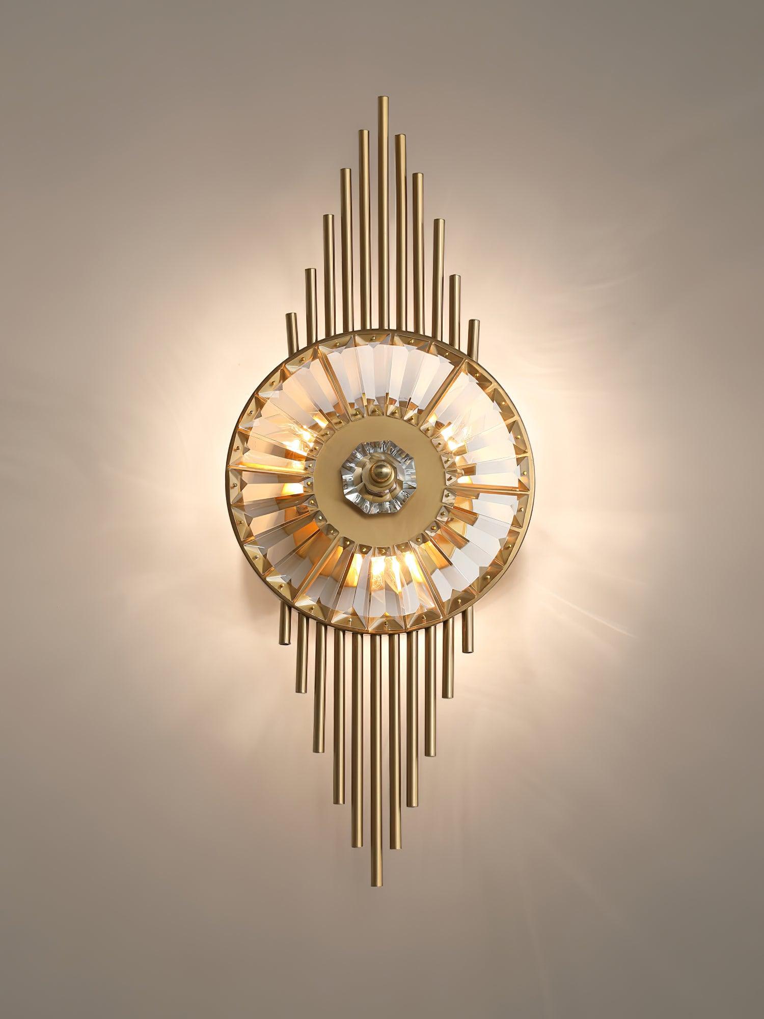 Close front view of the illuminated glass ring, central faceted ornament and graduated gold rods