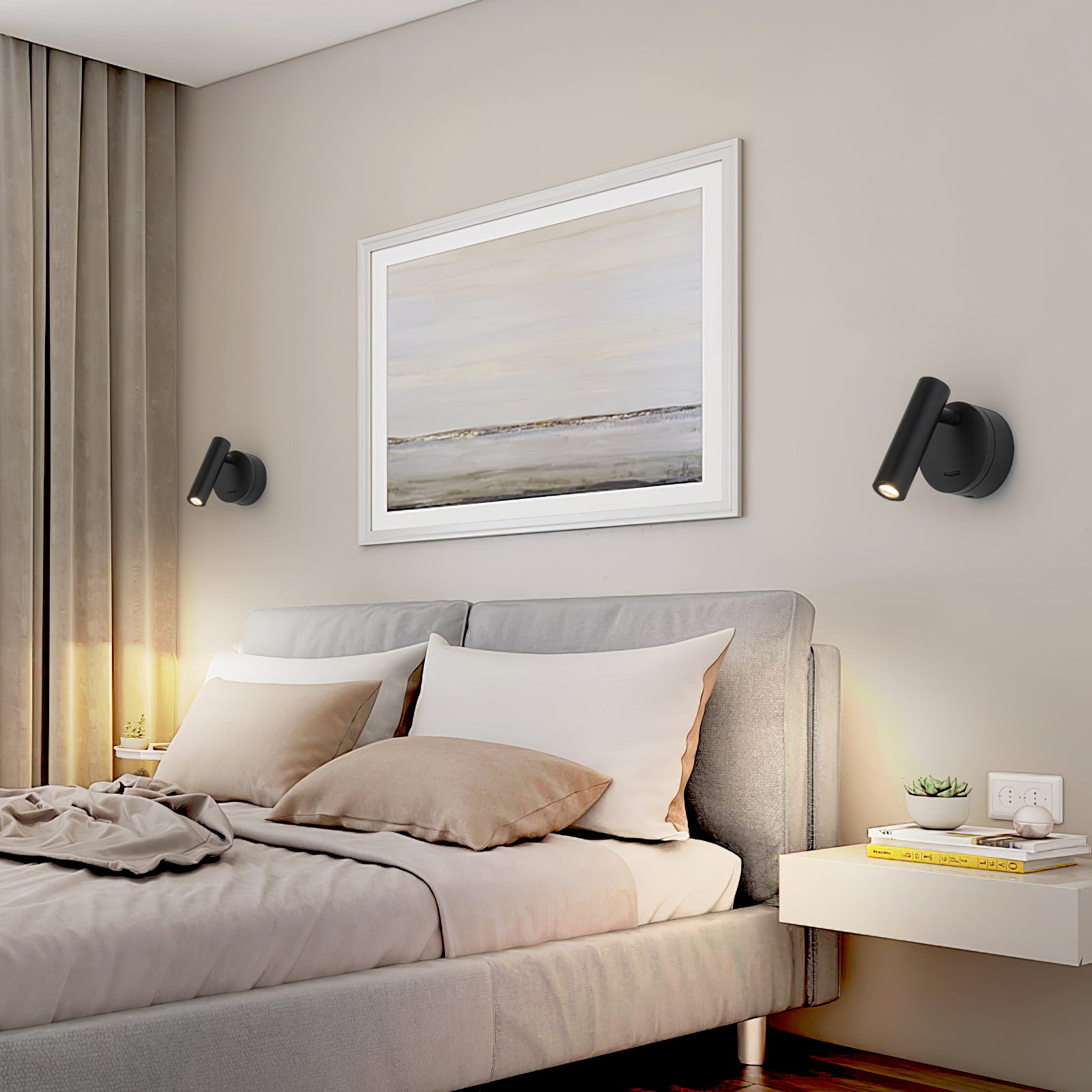 Two Black reading lamps flanking a bed