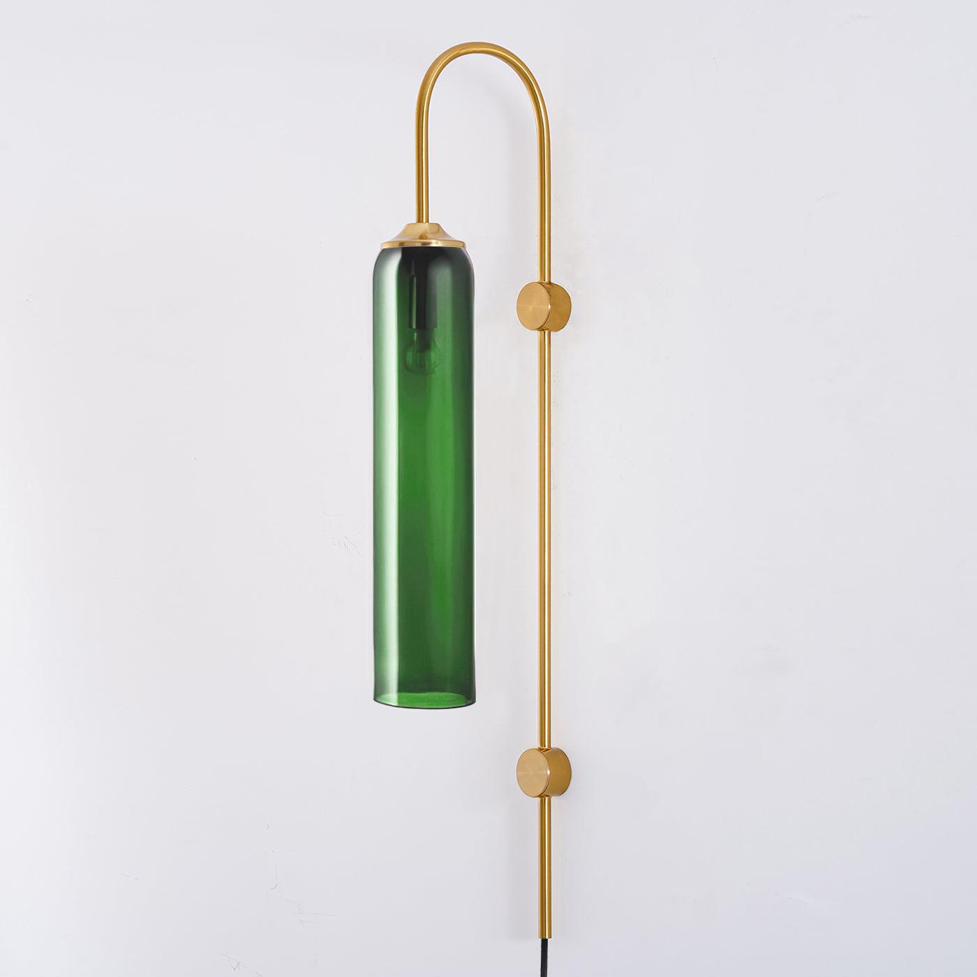 Green glass wall shade on a tall gold-coloured stem with two round fixing points