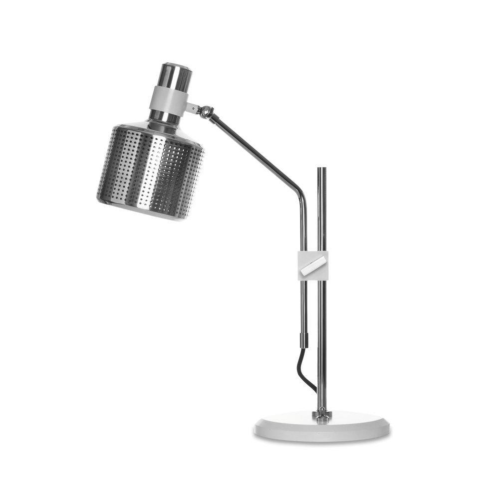 Silver-and-white single-head lamp with perforated shade, white collar and clamp, angled arm and round white base