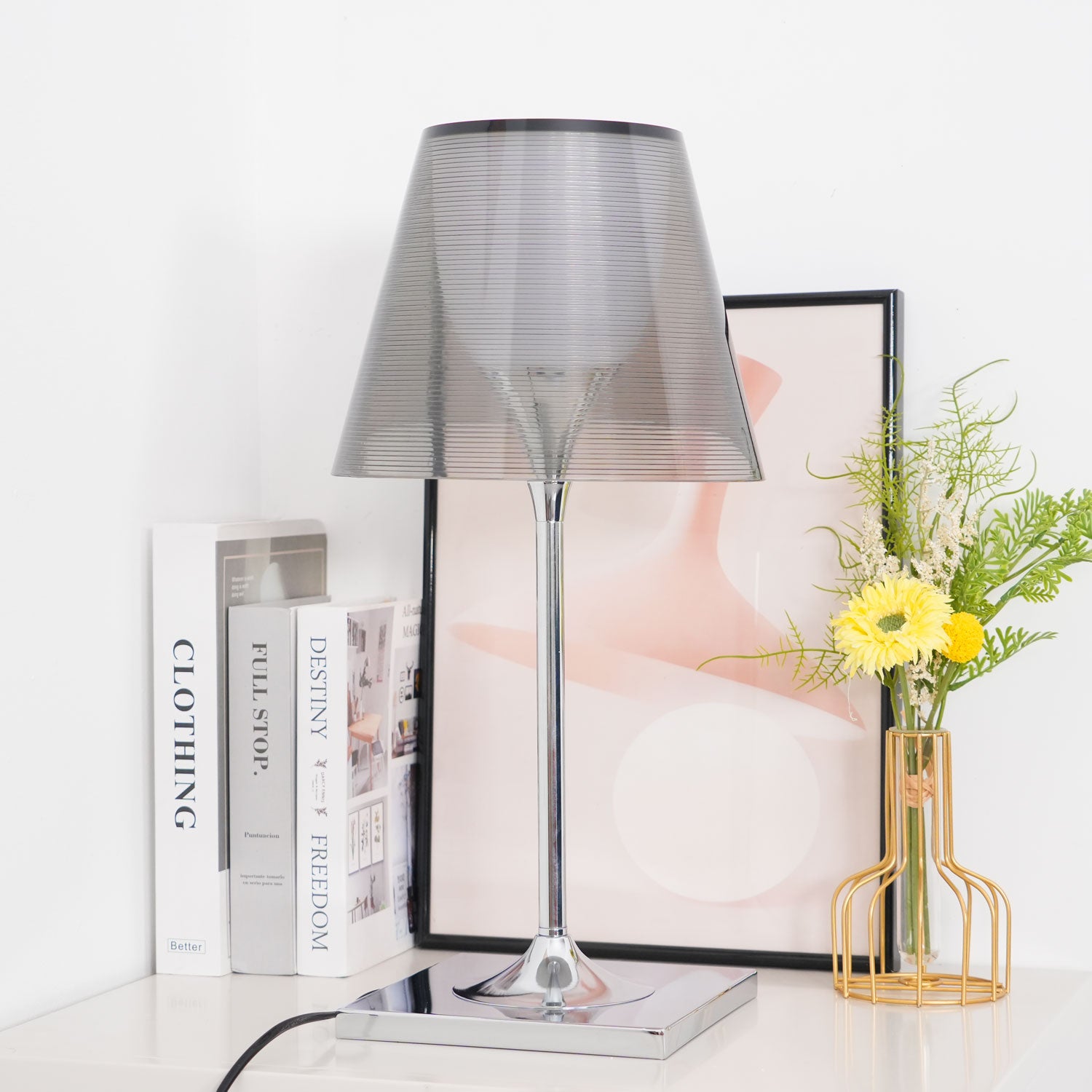 Front angled view of the unlit Chrome Prism grey shade