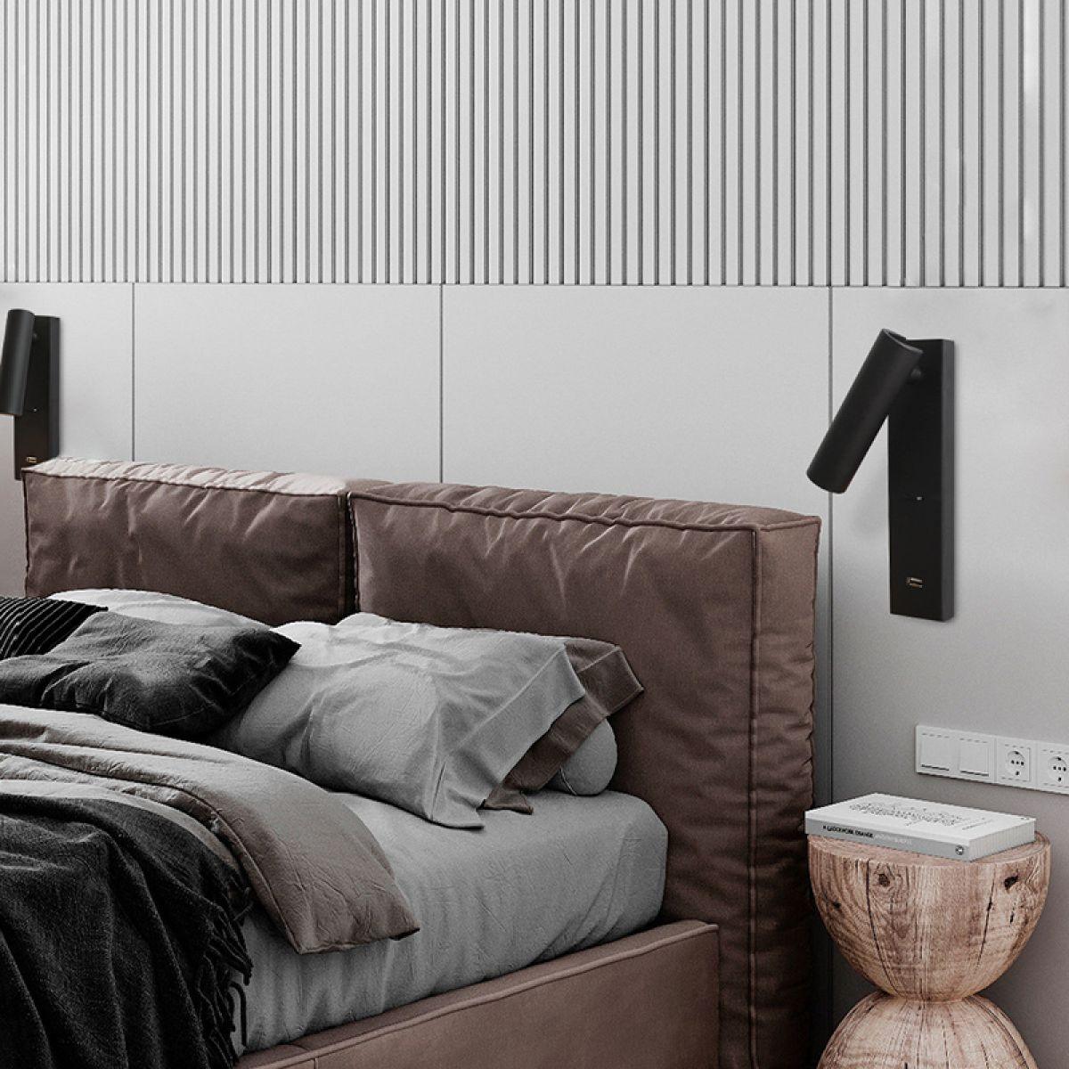 Two Black Uno reading lights beside a bed