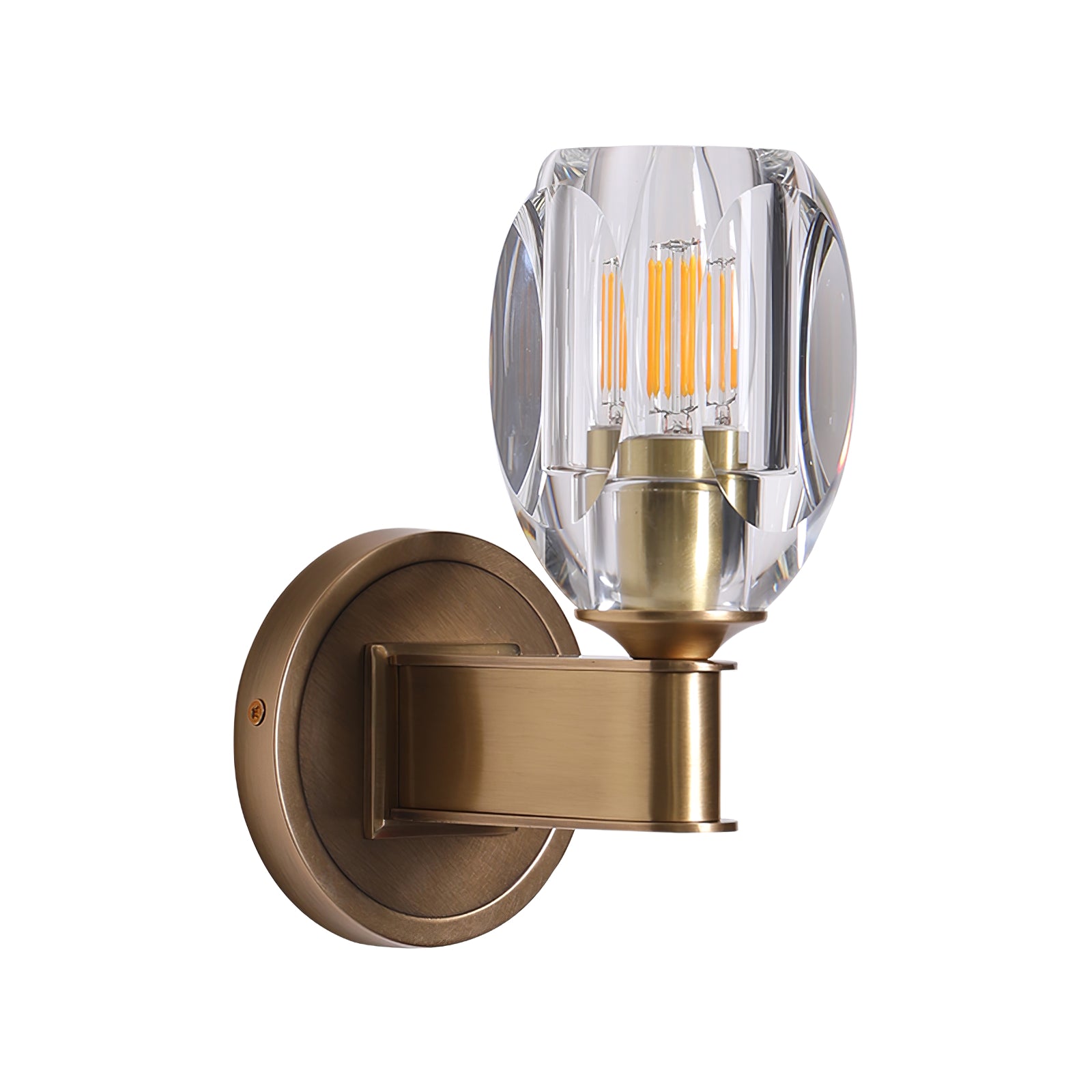 Brass option with clear faceted shade and broad curved arm