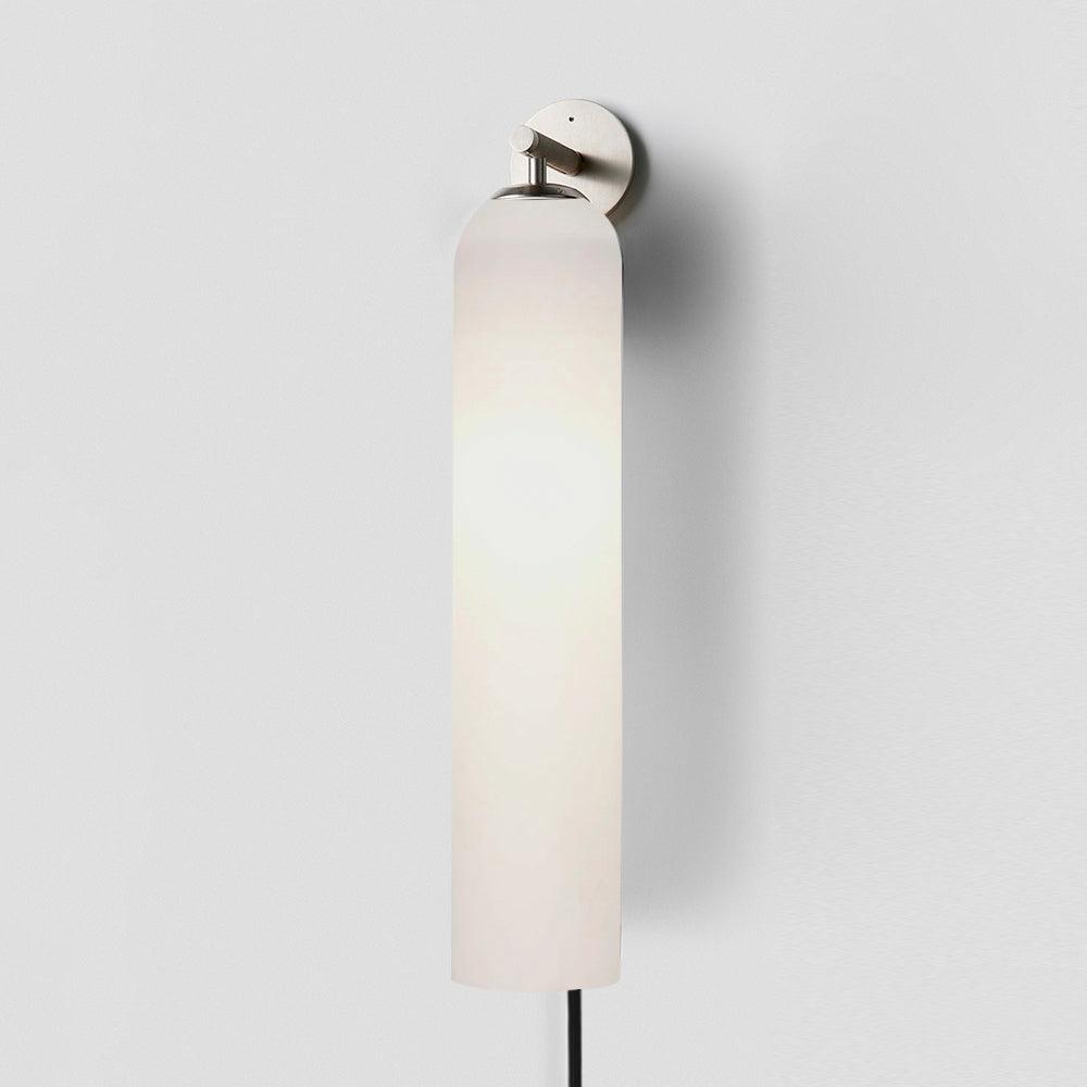 Milky white cylindrical wall light with sand nickel fitting