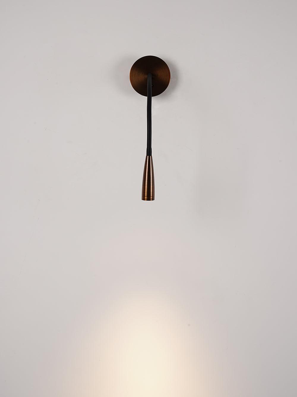 Bronze round wall plate with nearly straight black arm and reading head casting oval light on pale wall