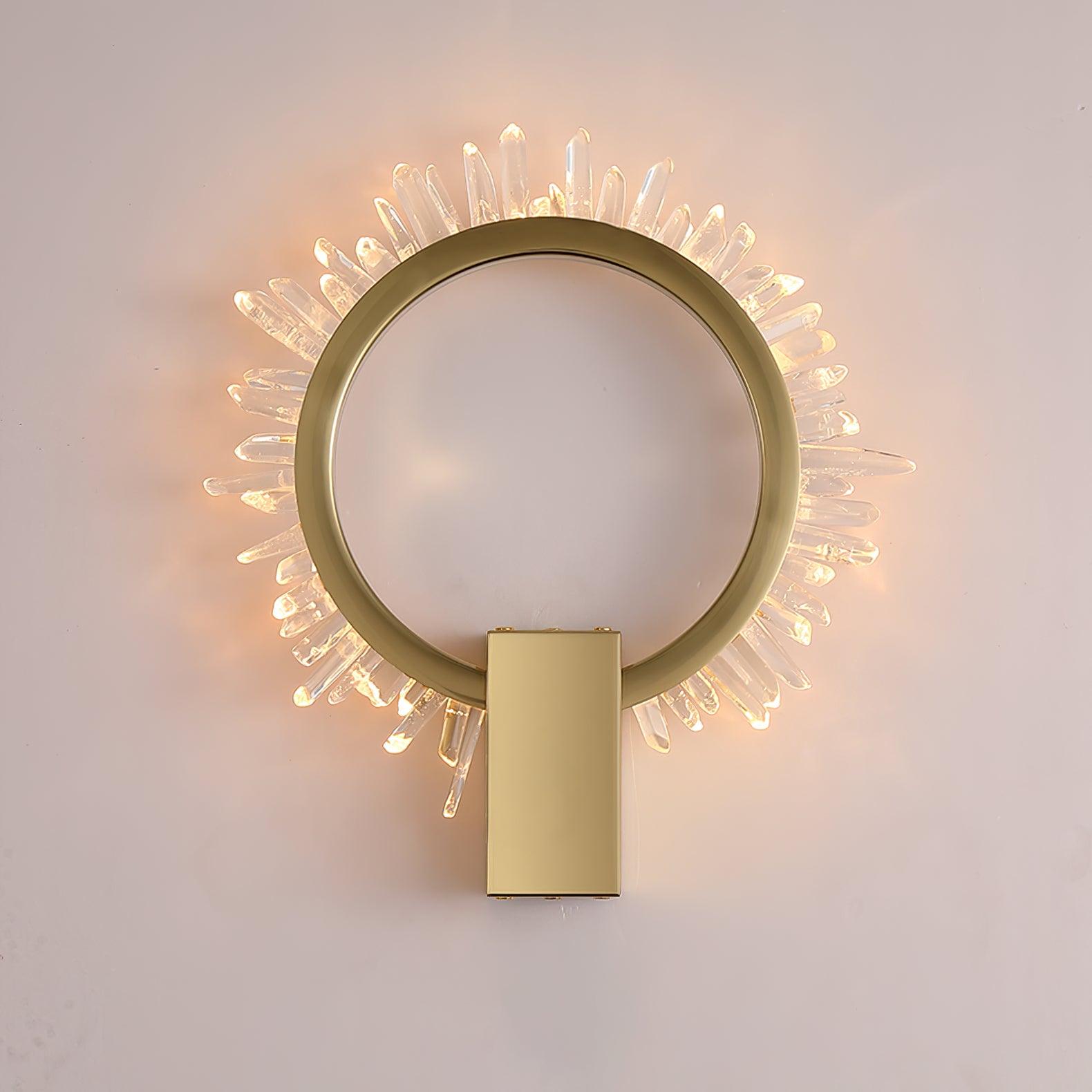 Gold & Clear Natural Crystal wall light with an illuminated crystal rim, open ring and rectangular mount