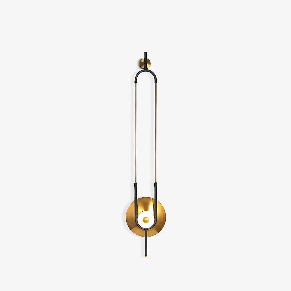 Full frontal wall light on white background with long open loop, gold disc, small upper mount and lower black stem