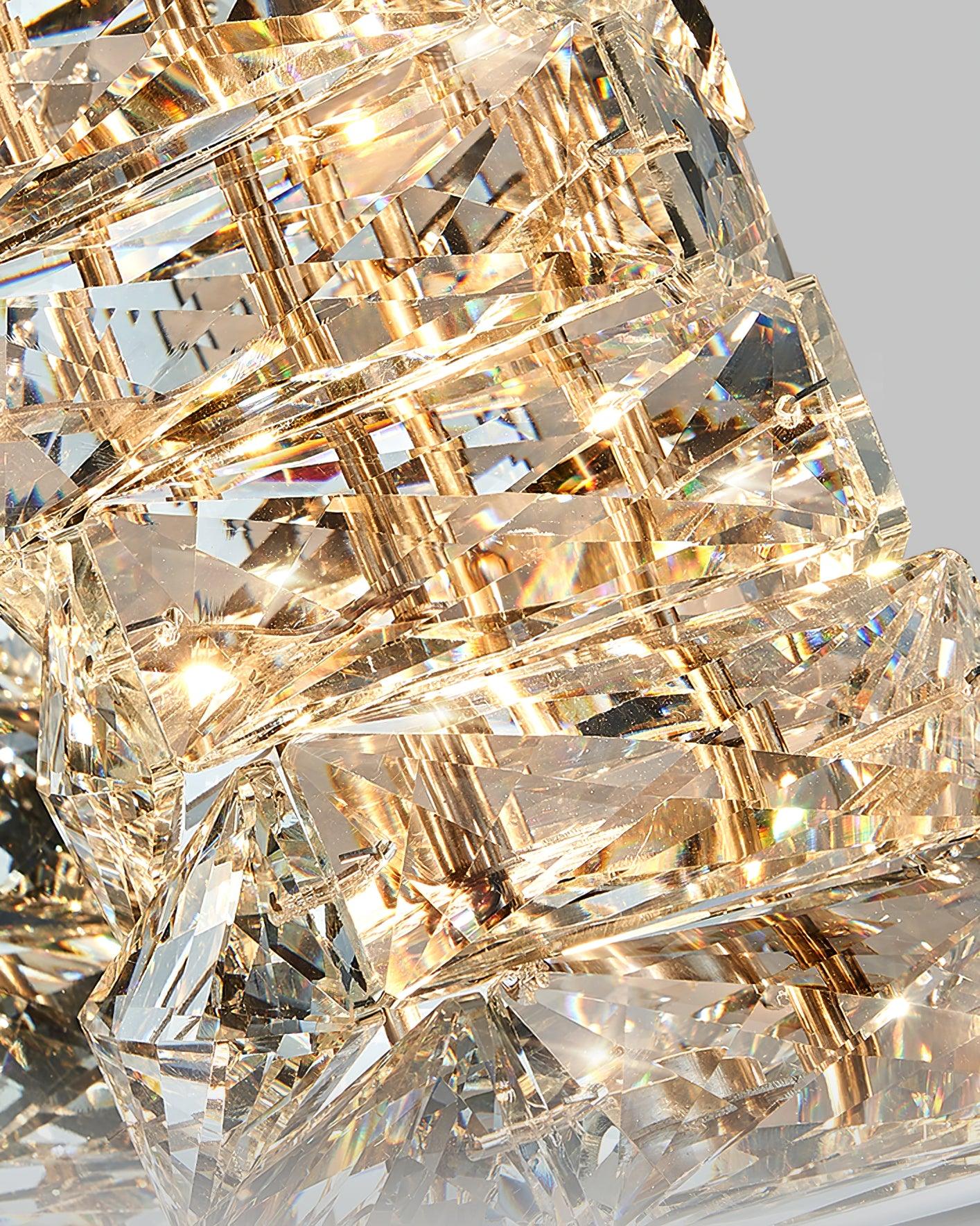 Close view of clear faceted crystal blocks and Gold-toned framework