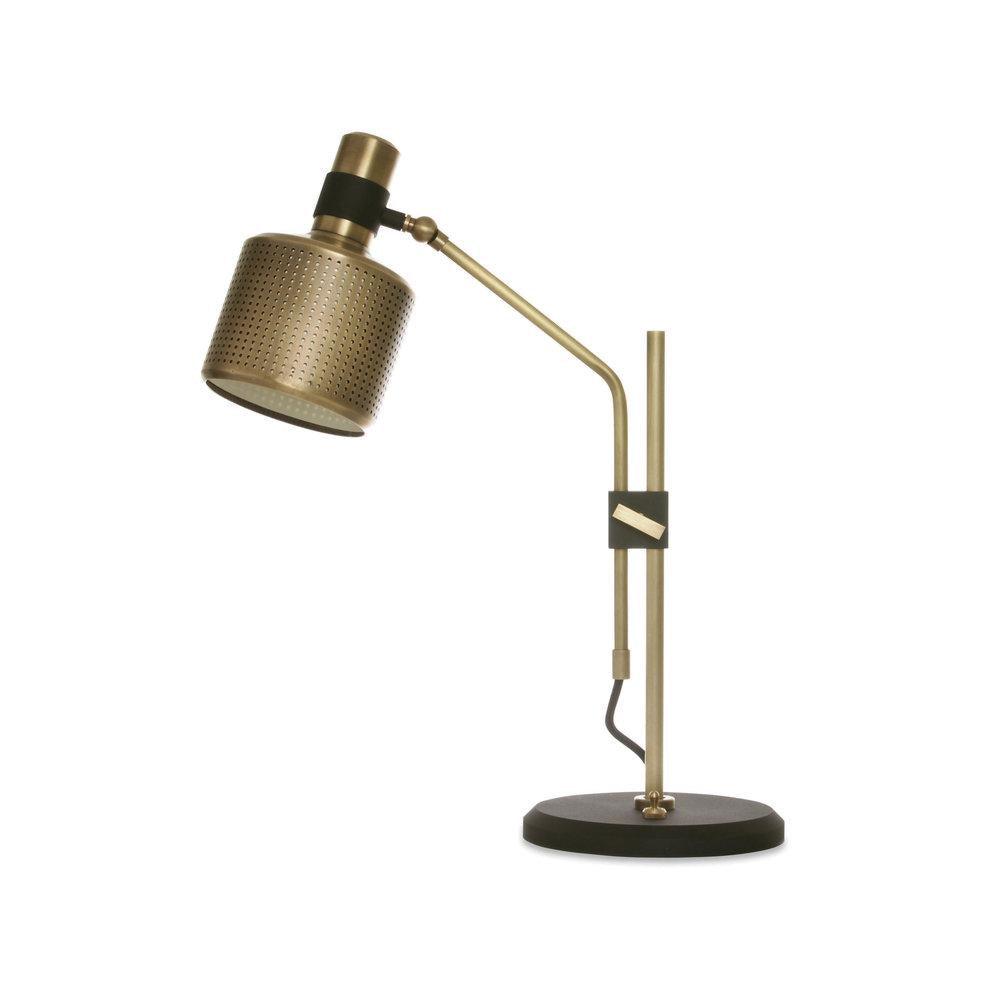 Gold-and-black single-head table lamp with a perforated cylindrical shade, angled arm, black clamp and round black base