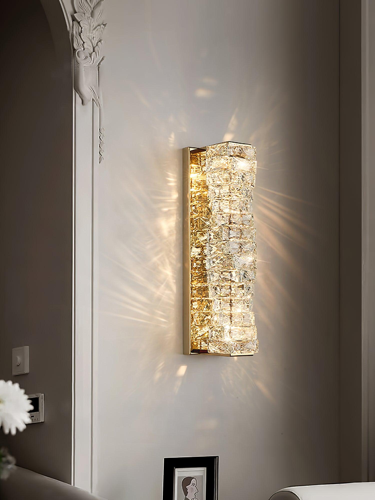 Gold crystal wall accent above a console