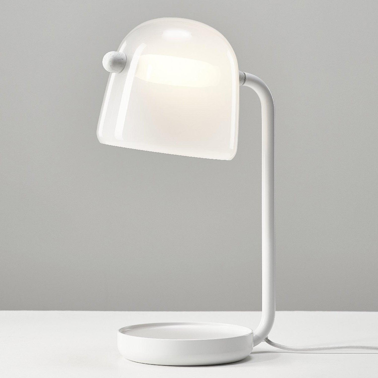 White Mona table lamp with a rounded glass shade and illuminated horizontal tube