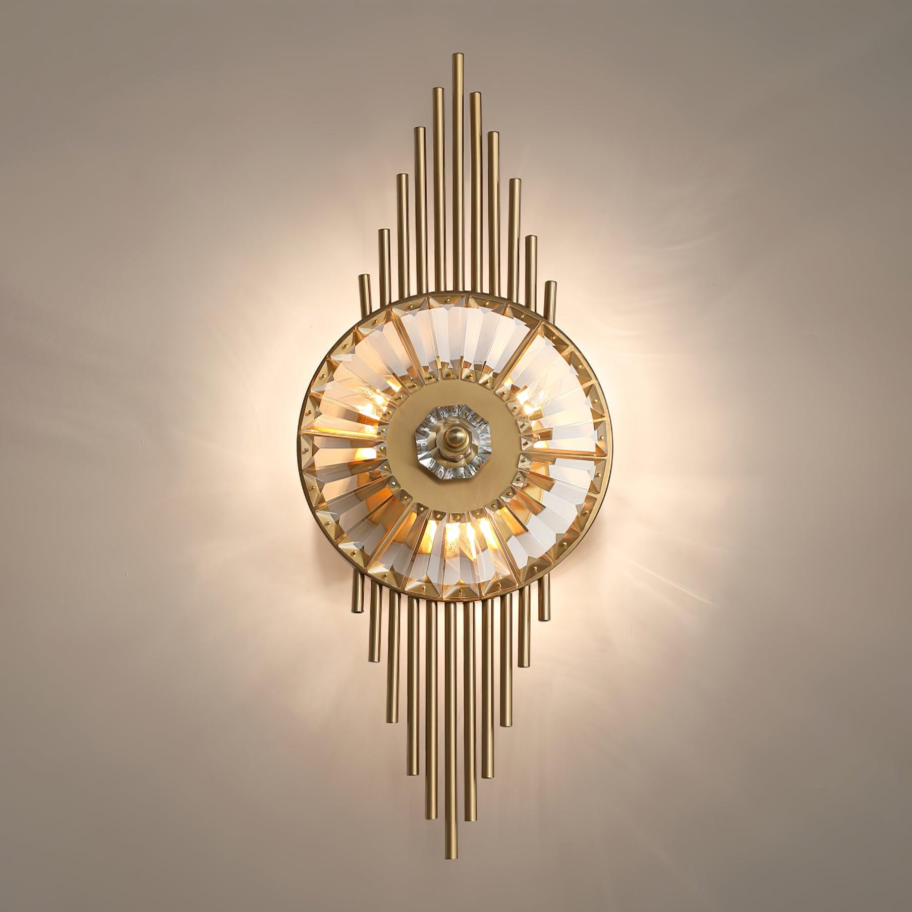 Front view of the glowing faceted glass circle with symmetrical stepped rods above and below