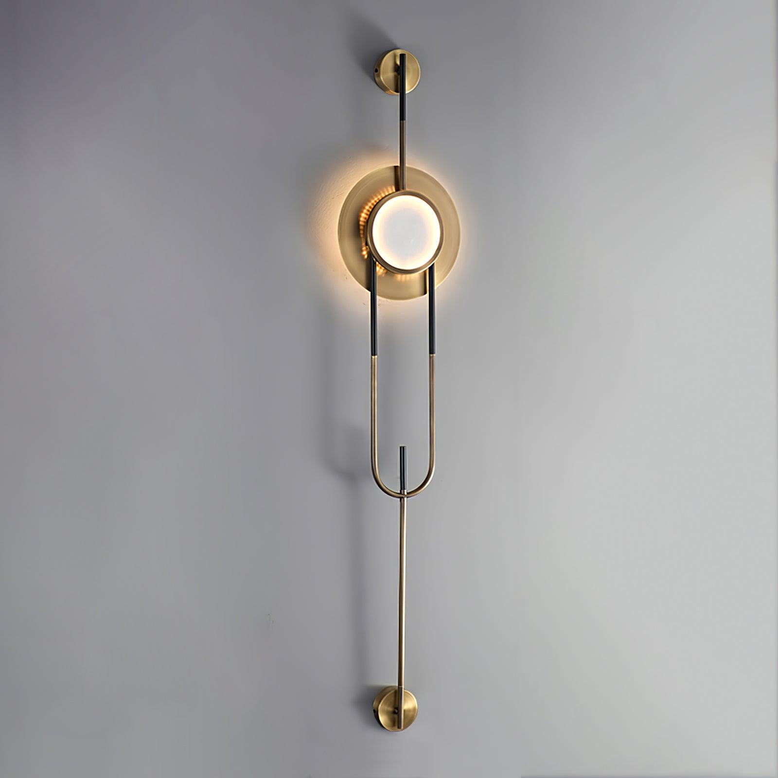 160 cm marble wall light with a glowing circular center, loop frame and long lower stem to the wall mount