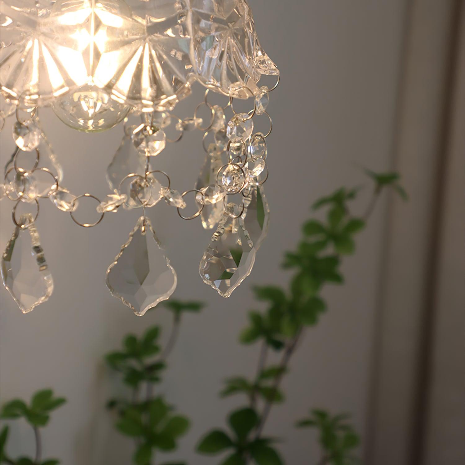 Close illuminated clear shade rim and linked crystal garlands with hanging drops, with foliage behind