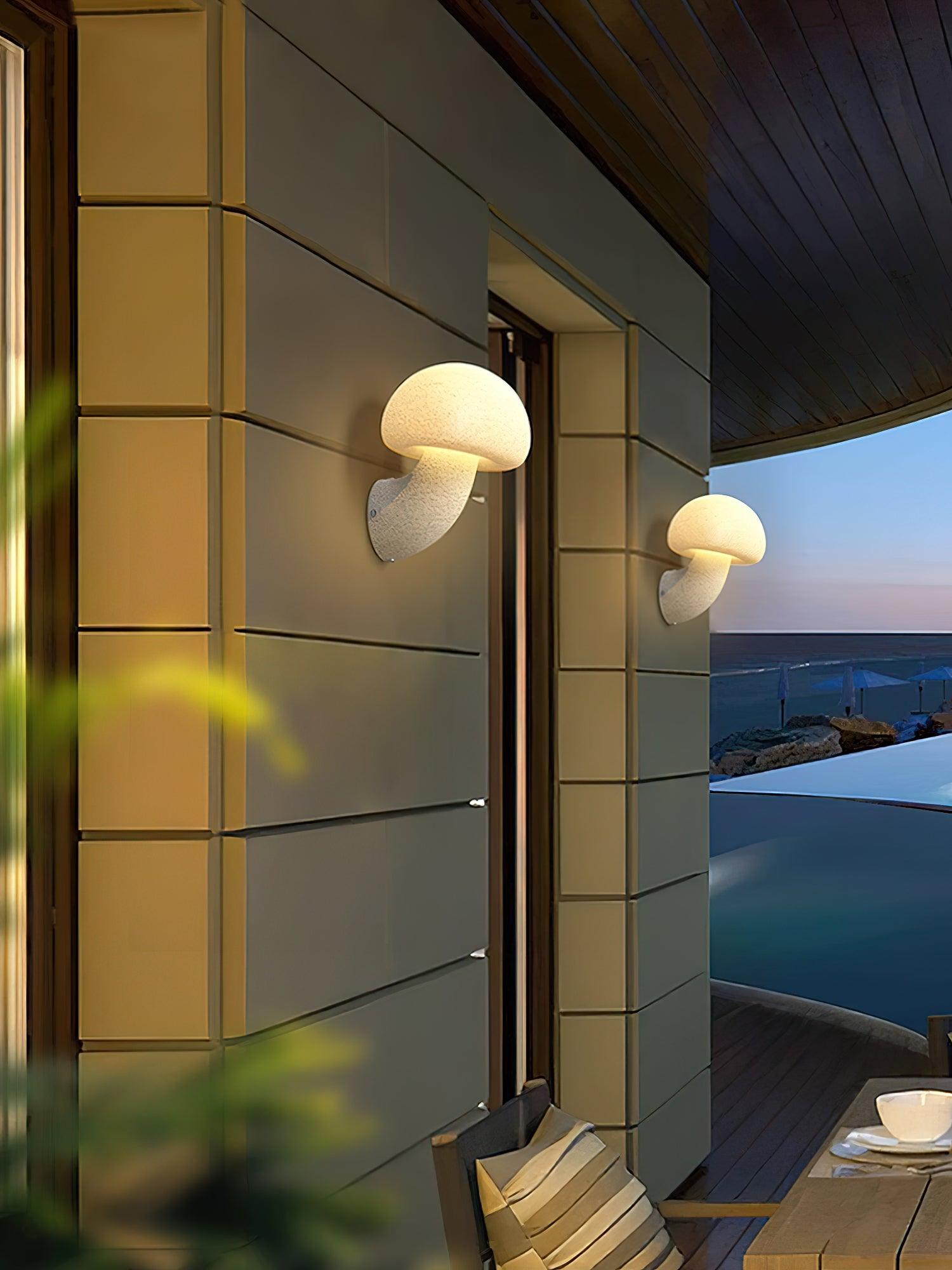 Mushroom wall lamps in an exterior-looking scene