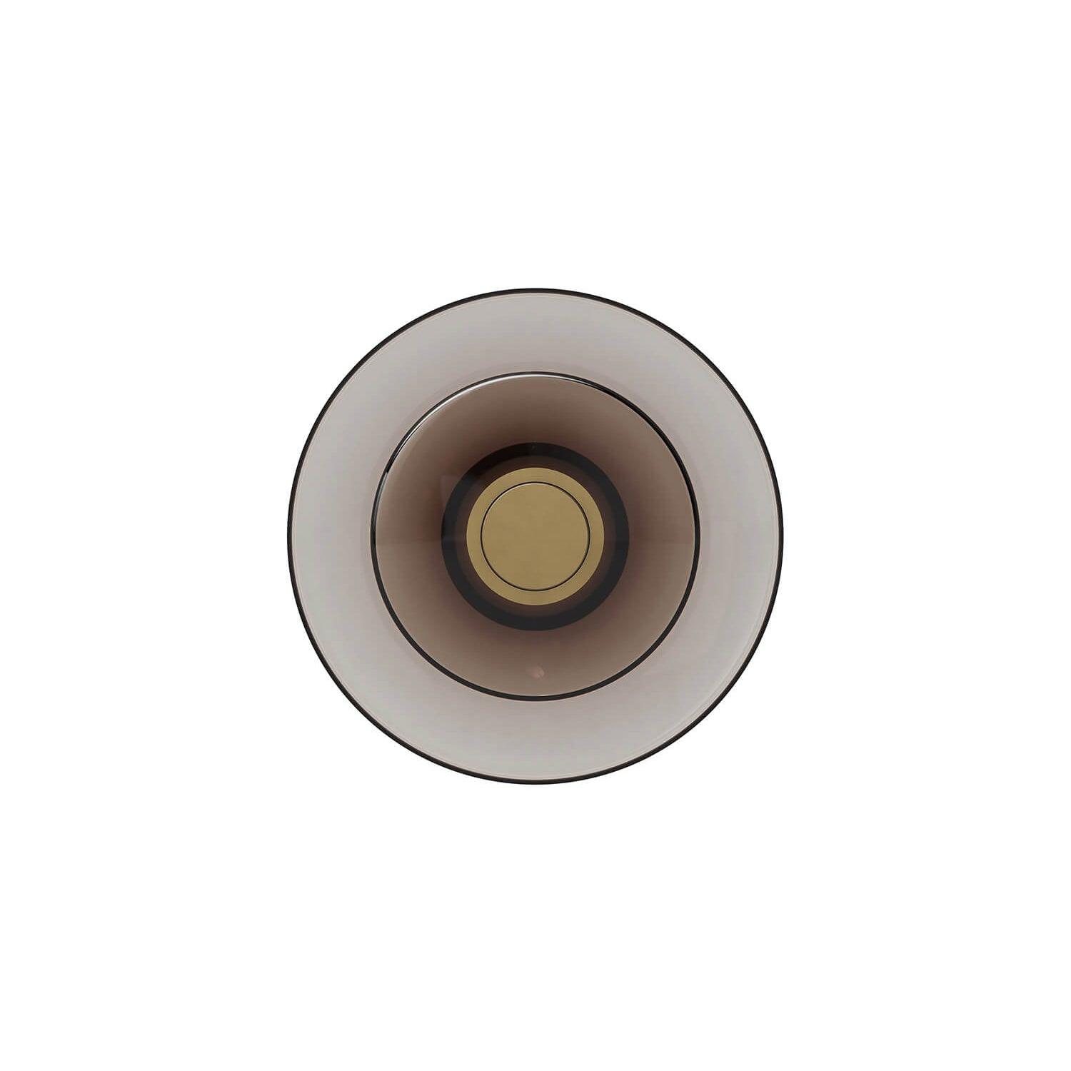 Front isolated smoky-tinted layered glass circles with gold-tone centre cap and dark inner surround on white
